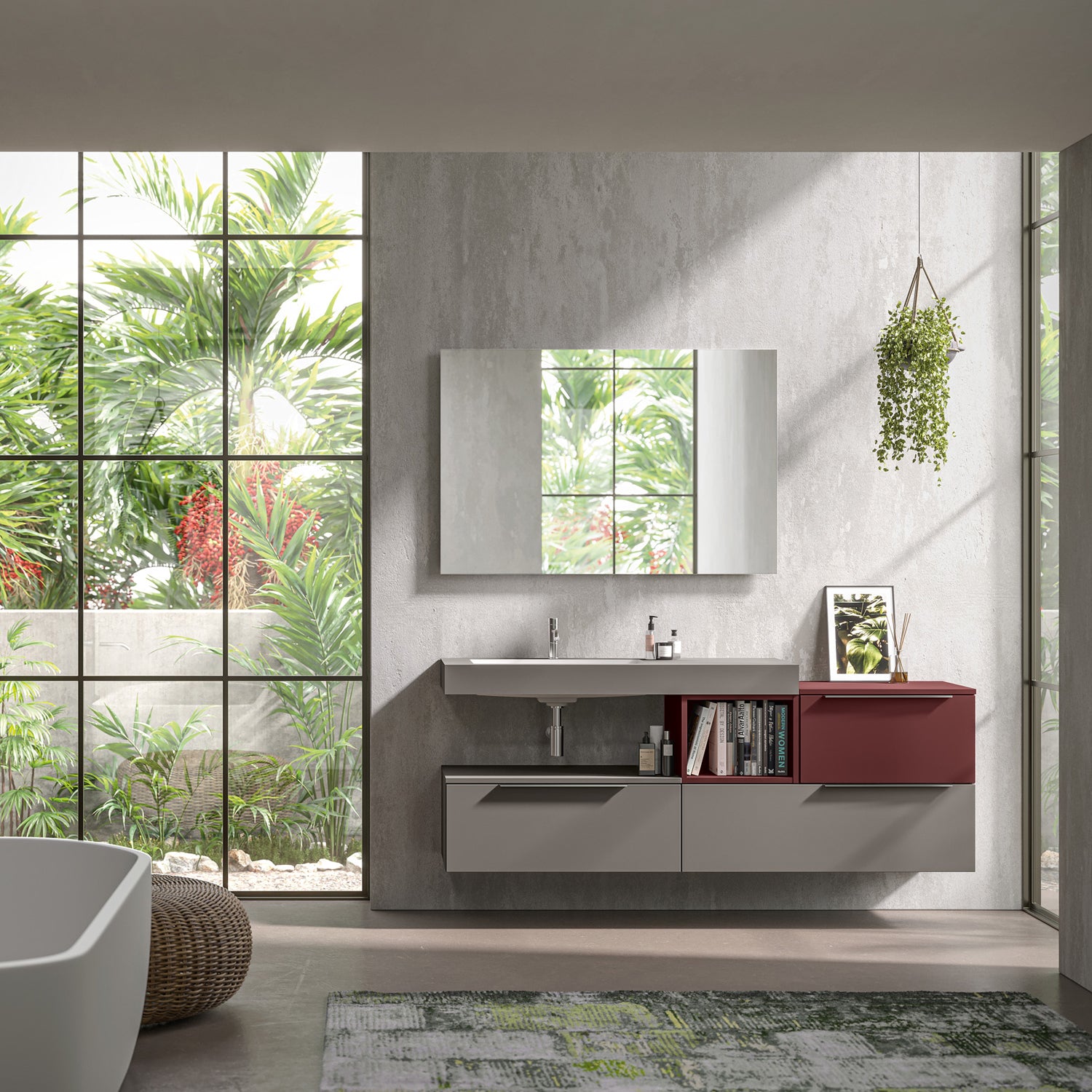 Mobile bagno sospeso Bali01 cm 180x46 con finiture Grigio Londra e Rosso Jaipur by CeramicStore | Lo specialista del tuo bagno
