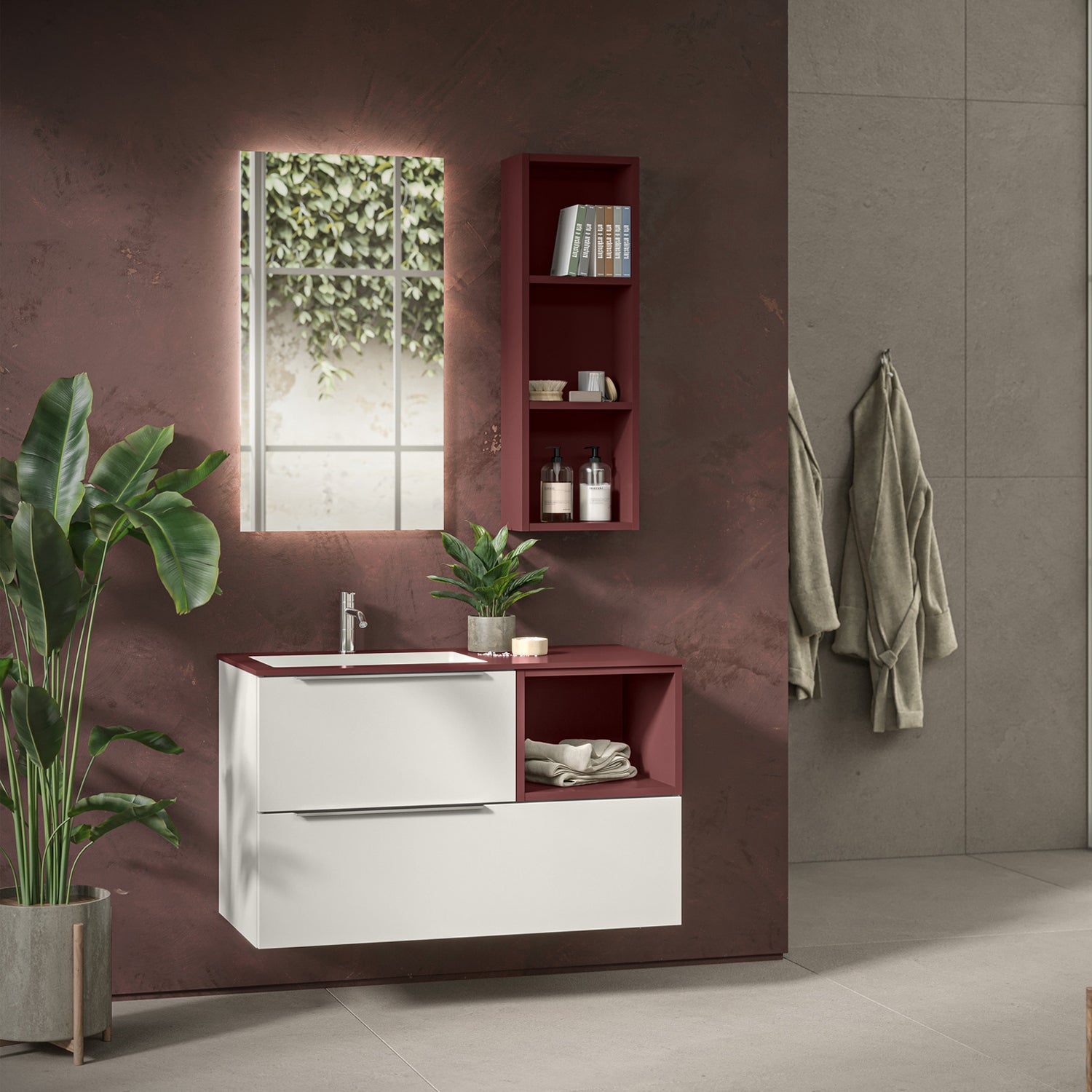 Mobile bagno sospeso Bali 03 cm 100x46 Laccato opaco in Bianco e Rosso Jaipur by CeramicStore | Lo specialista del tuo bagno
