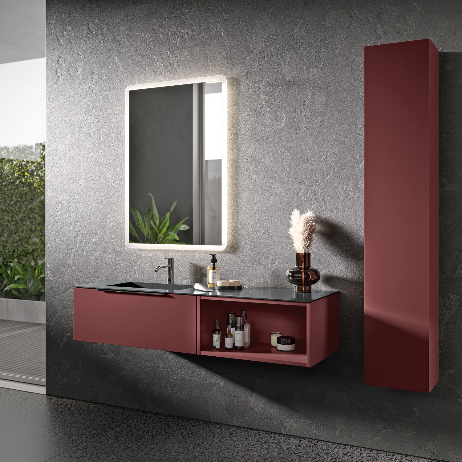 Mobile bagno sospeso con colonna e top in Gres Nero Marquina Bali 10 con finitura Rosso Jaipur by CeramicStore | Lo specialista del tuo bagno