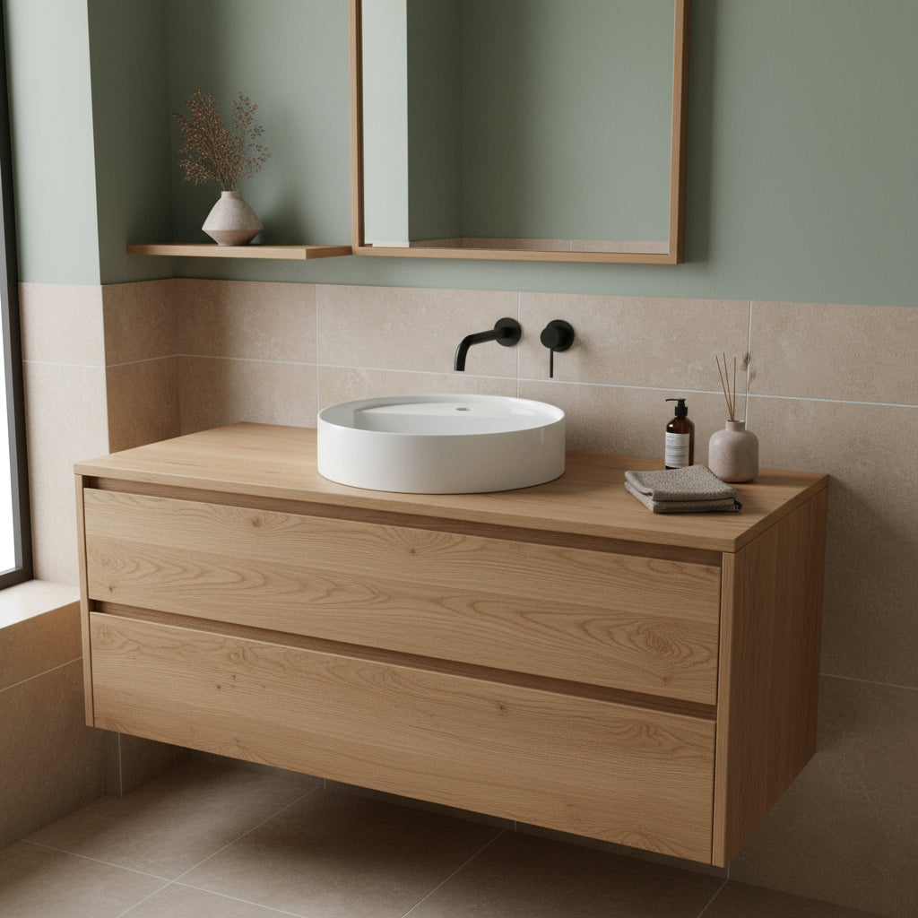 Lavabo tondo da appoggio con piano rubinetteria serie Smart-B di Ceramica Galassia - Bianco lucido diam. 45cm