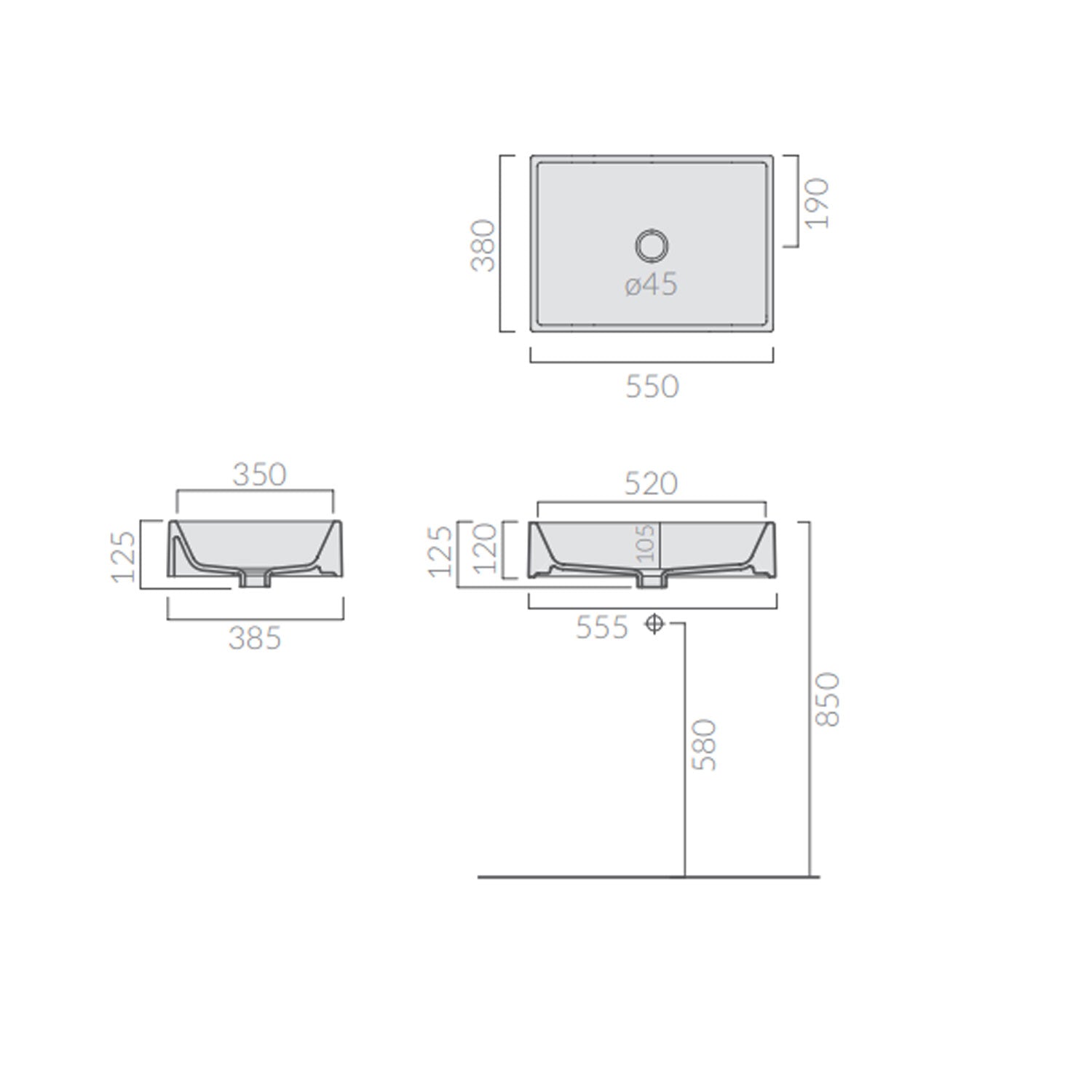 Lavabo da appoggio serie Plus Design di Ceramica Galassia - Bianco lucido 55x38cm