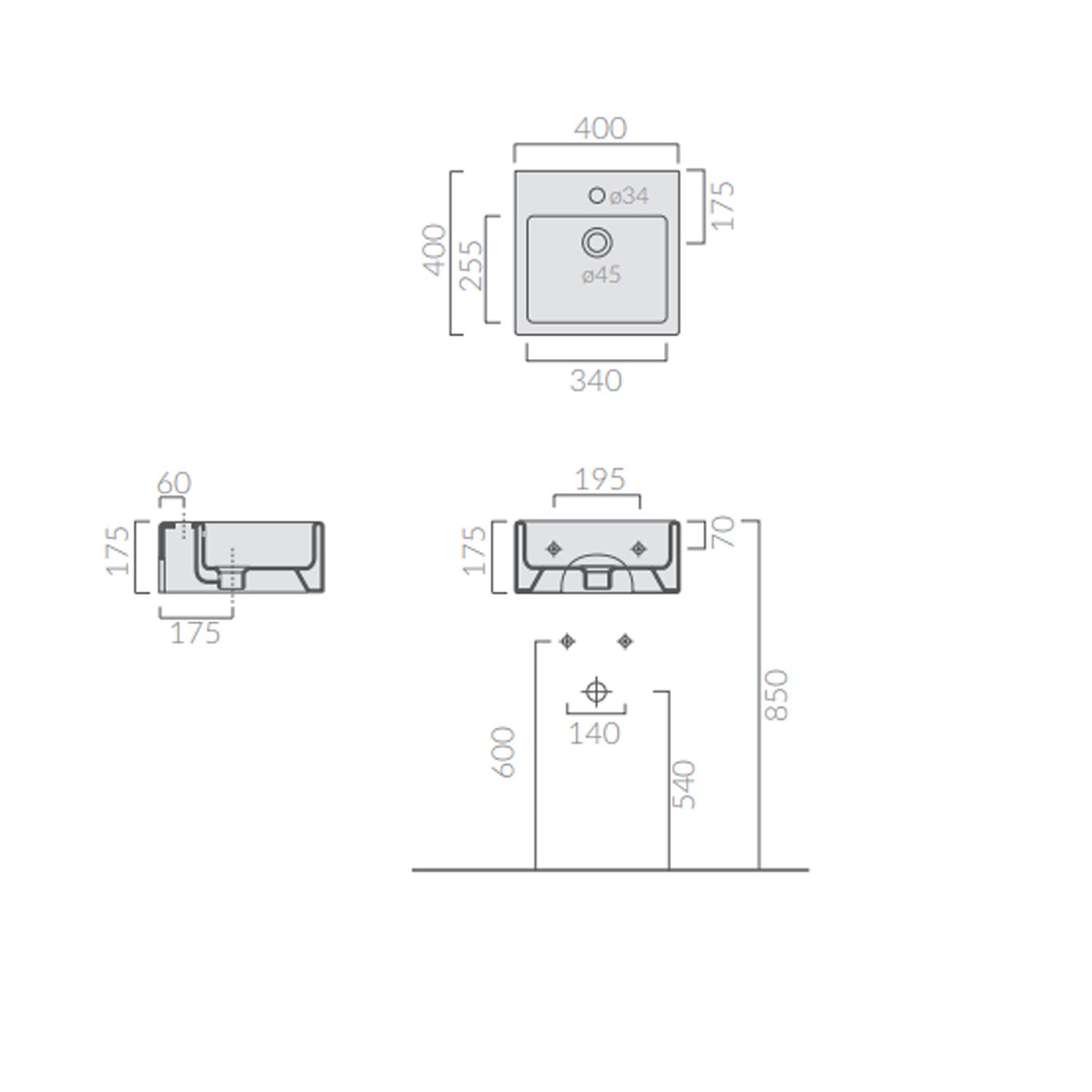 Lavabo quadrato da appoggio/sospeso serie Plus Design di Ceramica Galassia - Bianco lucido 40x40cm