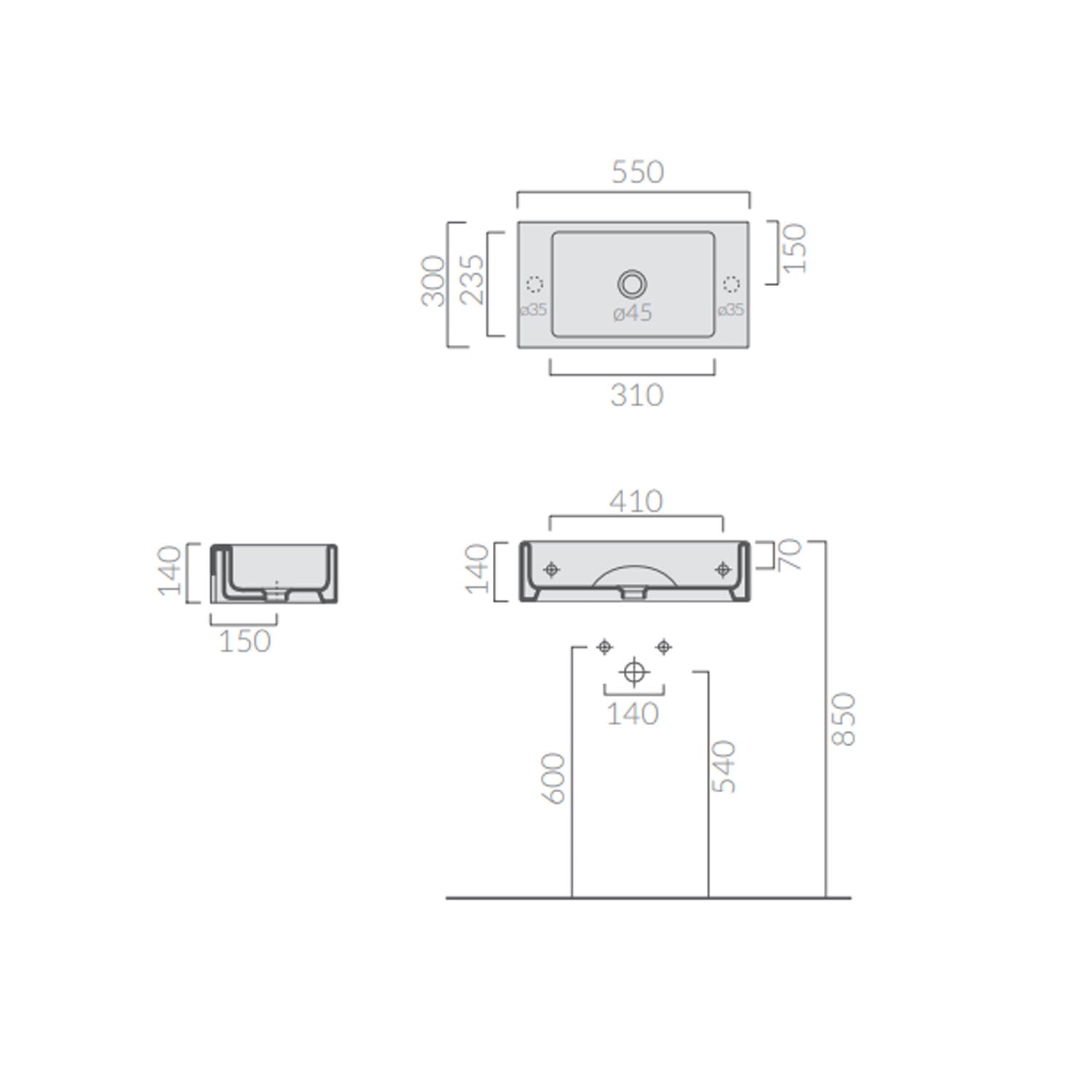 Lavabo da appoggio serie Plus Design di Ceramica Galassia - Bianco lucido cm 55x30xh14