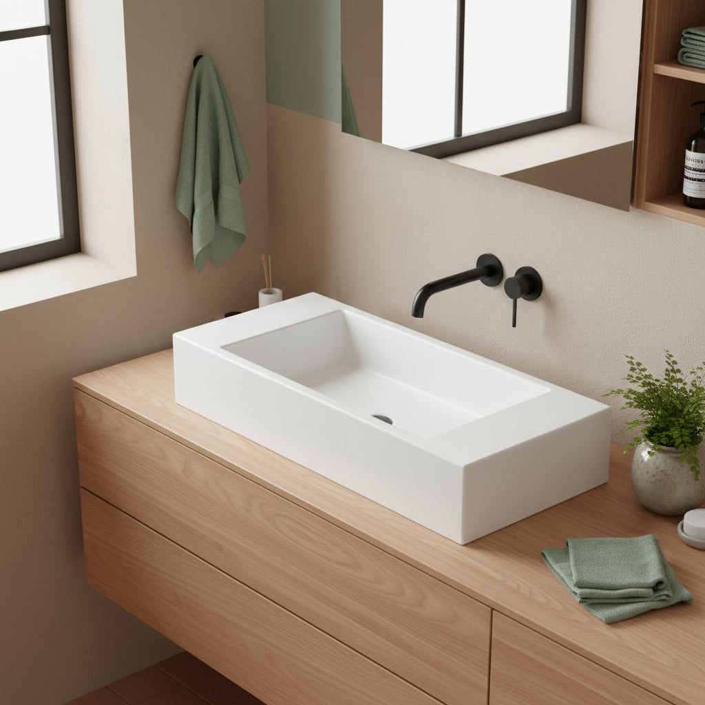 Lavabo da appoggio serie Plus Design di Ceramica Galassia - Bianco lucido cm 75x30xh14