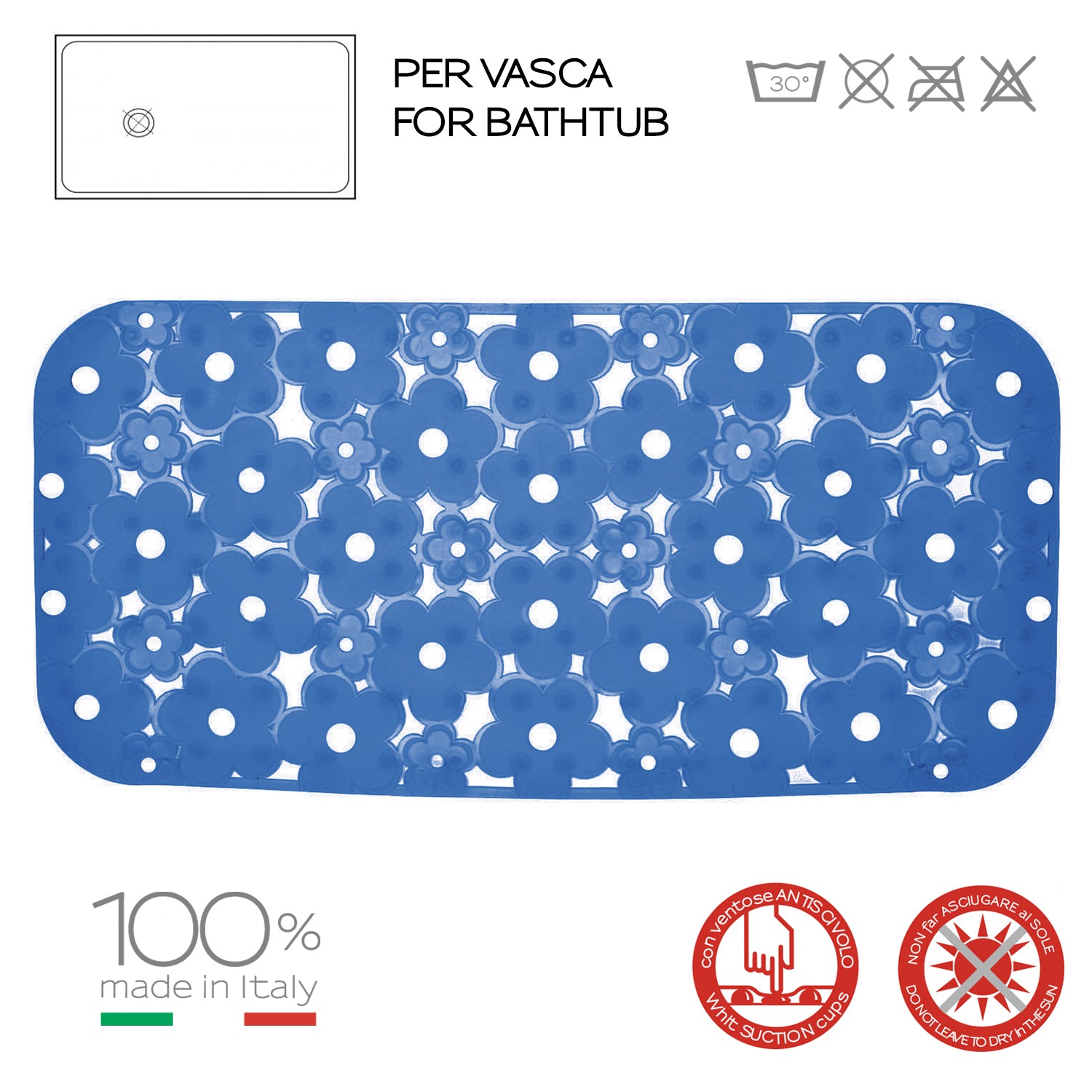 Tappeto antiscivolo vasca 73x35 in PVC modello Margherita di Gedy - Azzurro by CeramicStore | Lo specialista del tuo bagno