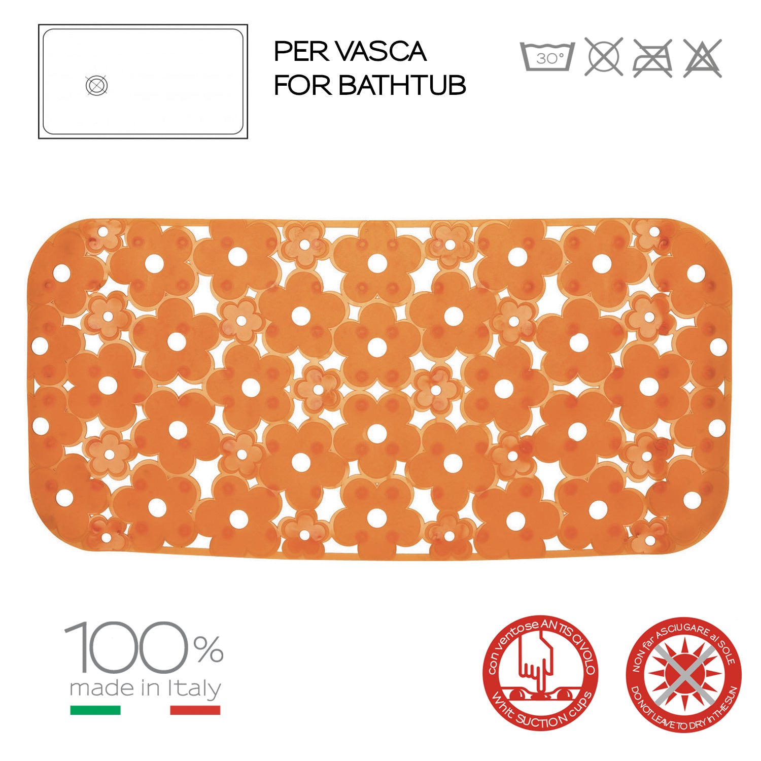 Tappeto antiscivolo vasca 73x35 in PVC modello Margherita di Gedy - Arancione by CeramicStore | Lo specialista del tuo bagno