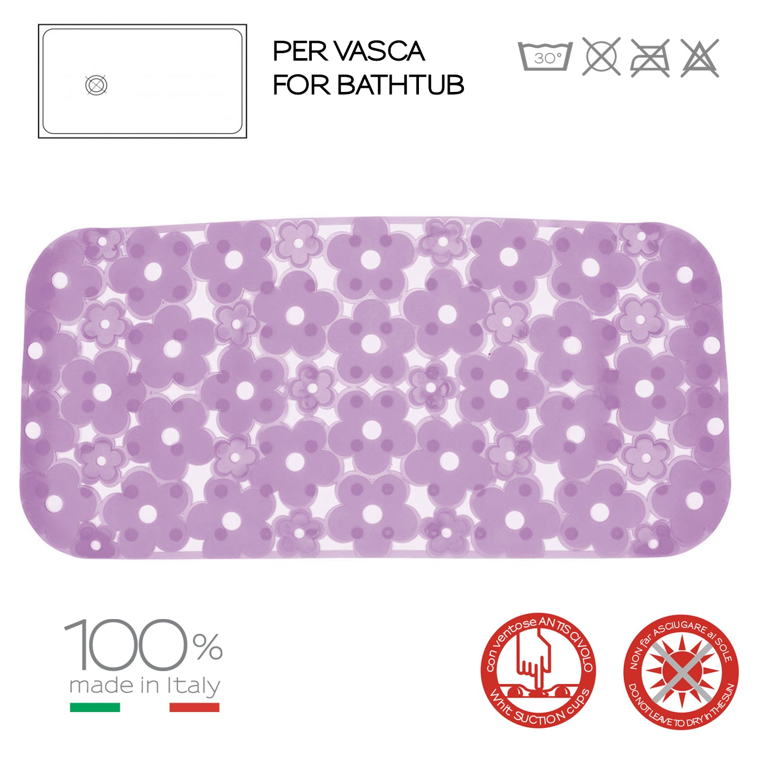 Tappeto antiscivolo vasca 73x35 in PVC modello Margherita di Gedy - Lilla by CeramicStore | Lo specialista del tuo bagno