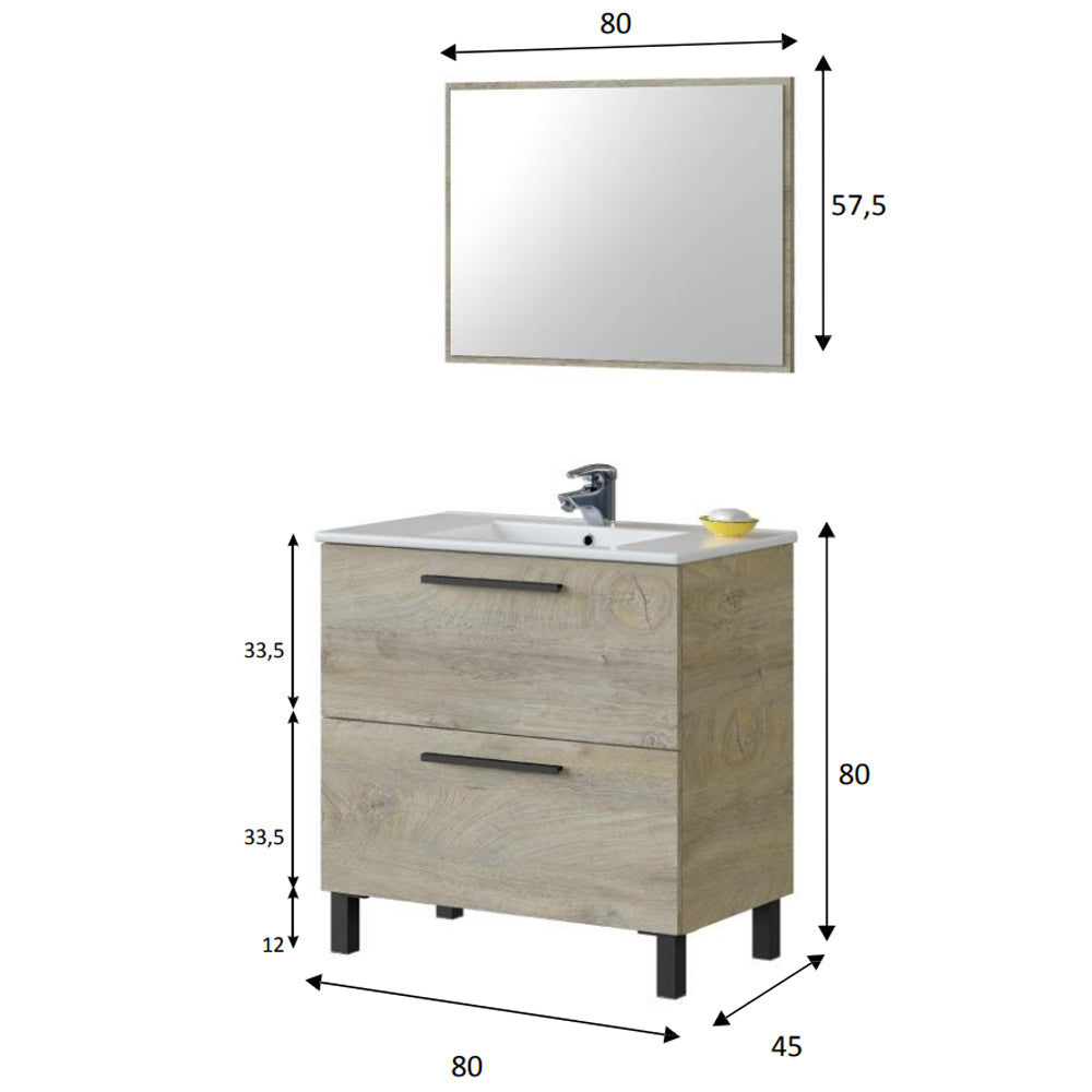 Mobile bagno Line 2 cassetti con lavabo e specchio color Rovere Alaska cm 80 by CeramicStore | Lo specialista del tuo bagno