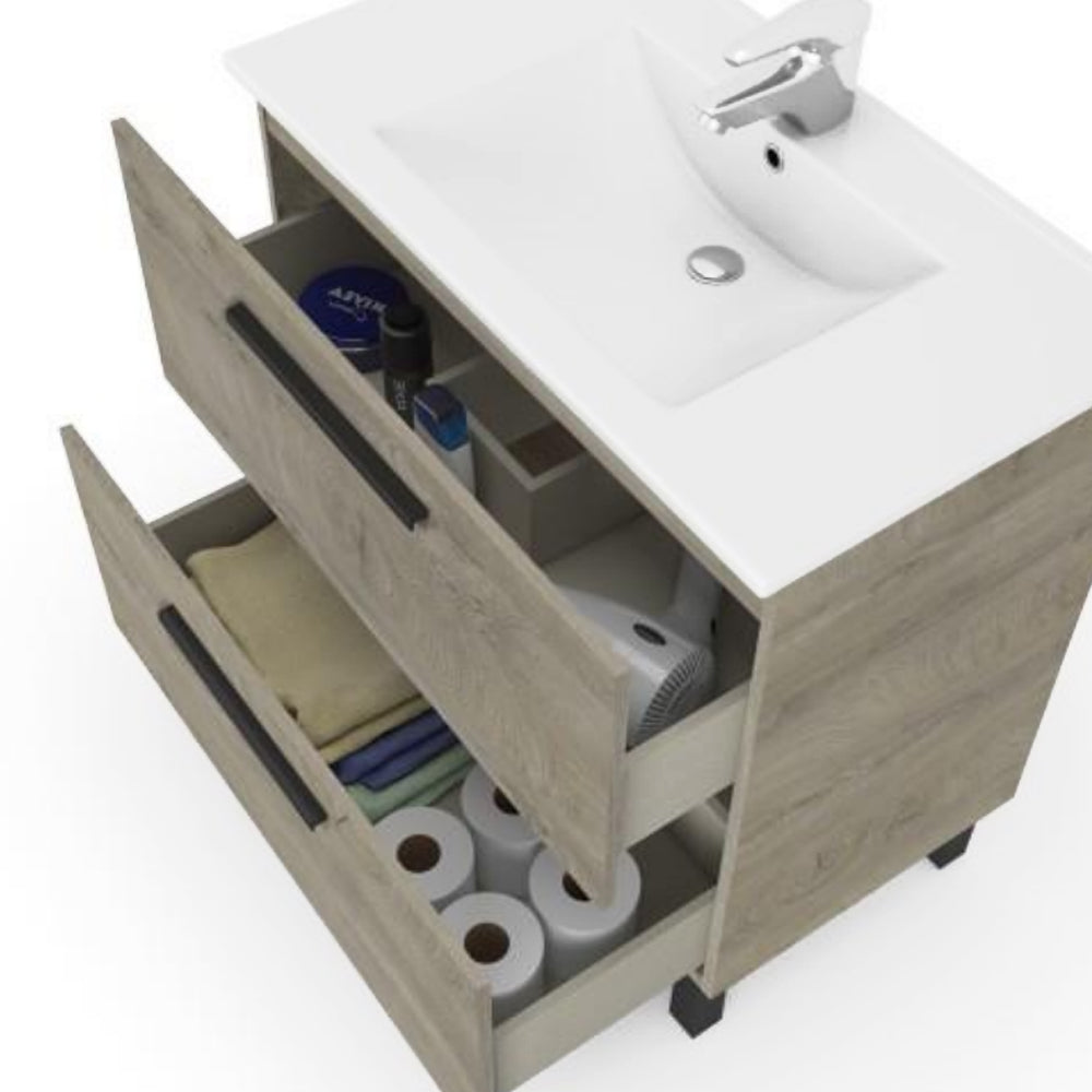 Mobile bagno Line 2 cassetti con lavabo e specchio color Rovere Alaska cm 80 by CeramicStore | Lo specialista del tuo bagno