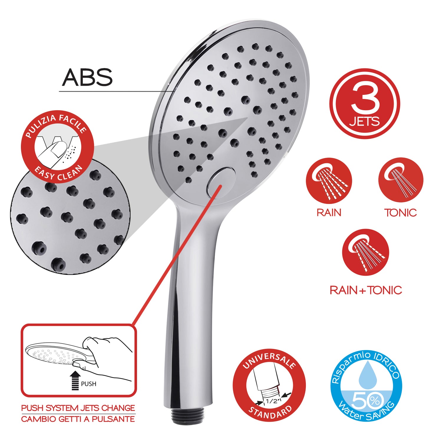 Doccetta tonda 3 getti con cambio getti a pulsante modello Tech 12 di Gedy - Cromato by CeramicStore | Lo specialista del tuo bagno
