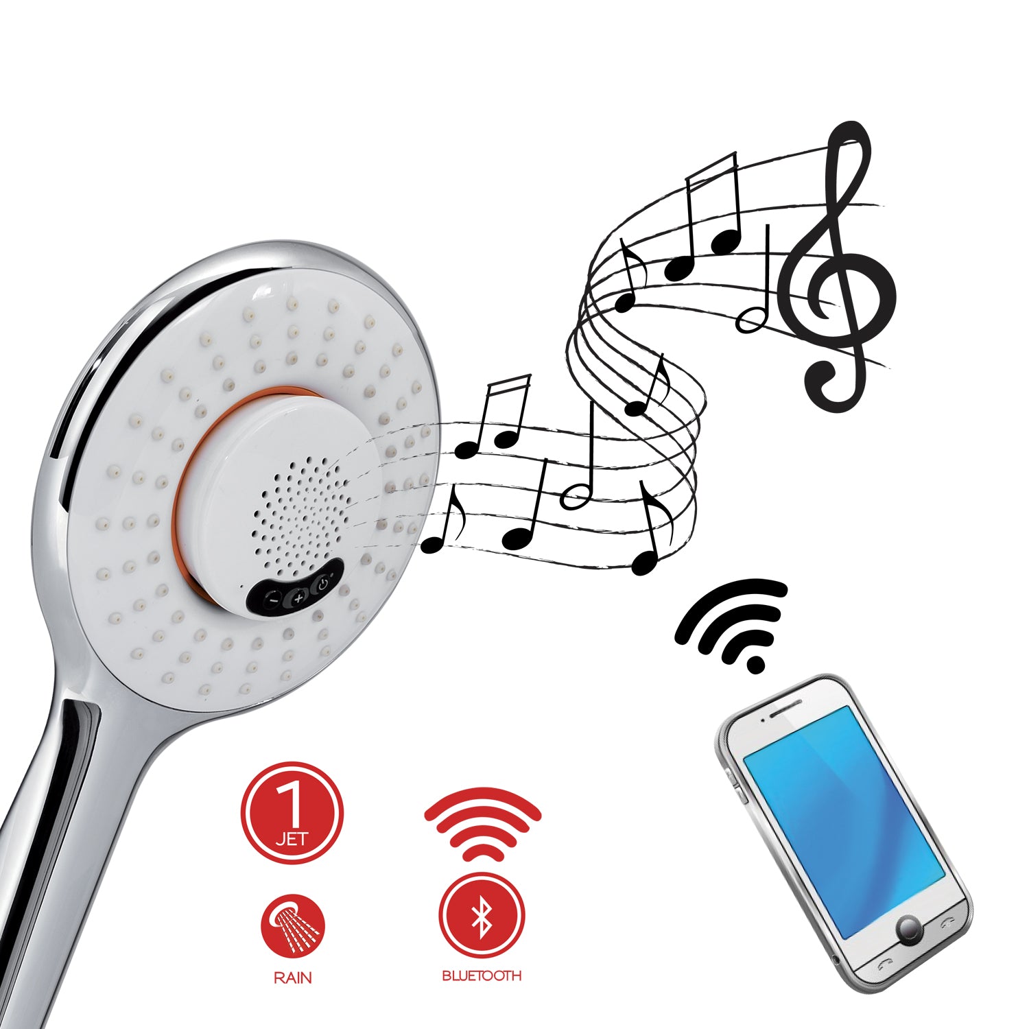 Doccetta tonda 1 getto con diffusore musica bluetooth di Gedy modello Music - Cromato/Bianco by CeramicStore | Lo specialista del tuo bagno