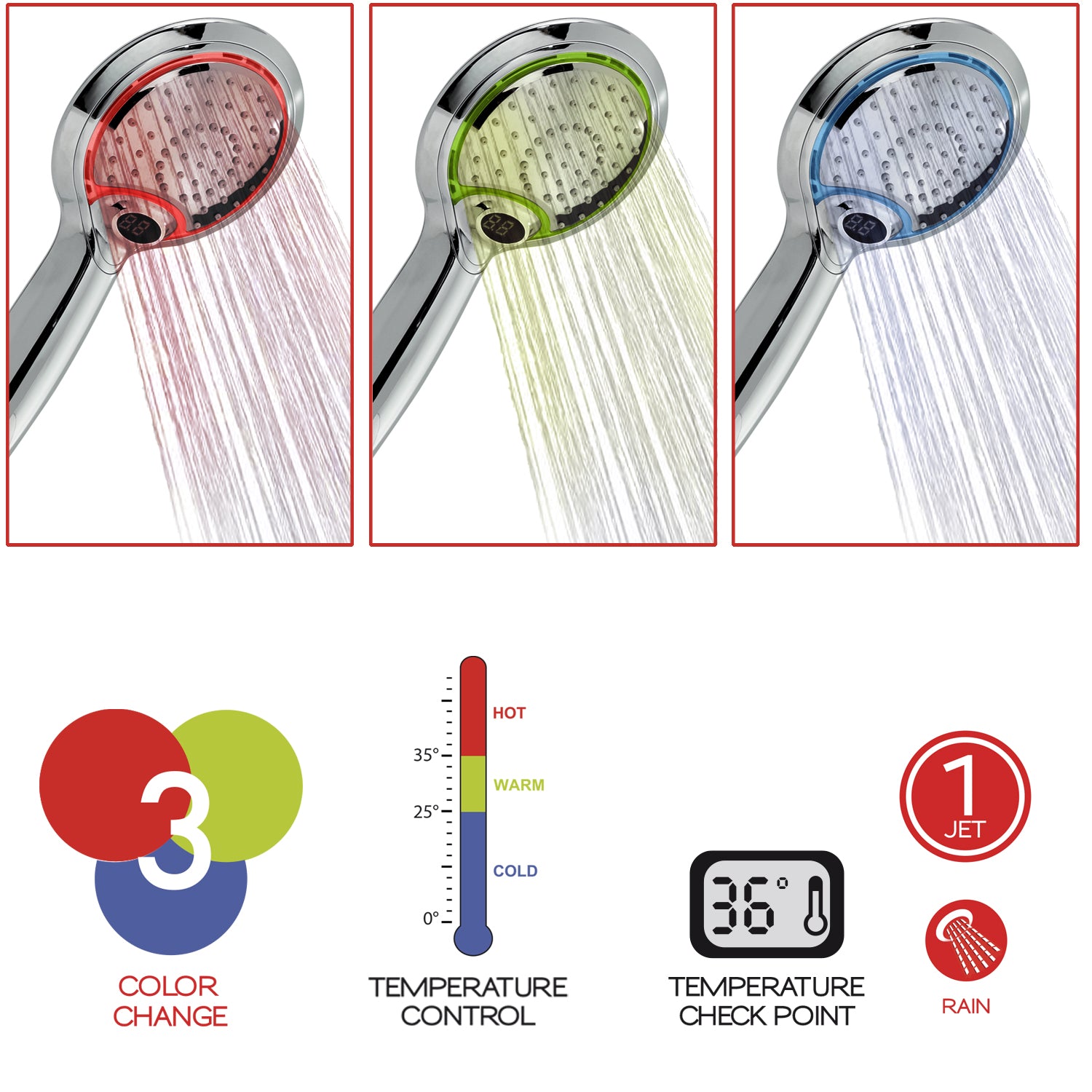 Doccetta 1 getto con led a tre colori e controllo temperatura modello Thermo Light 00 di Gedy - Cromato by CeramicStore | Lo specialista del tuo bagno