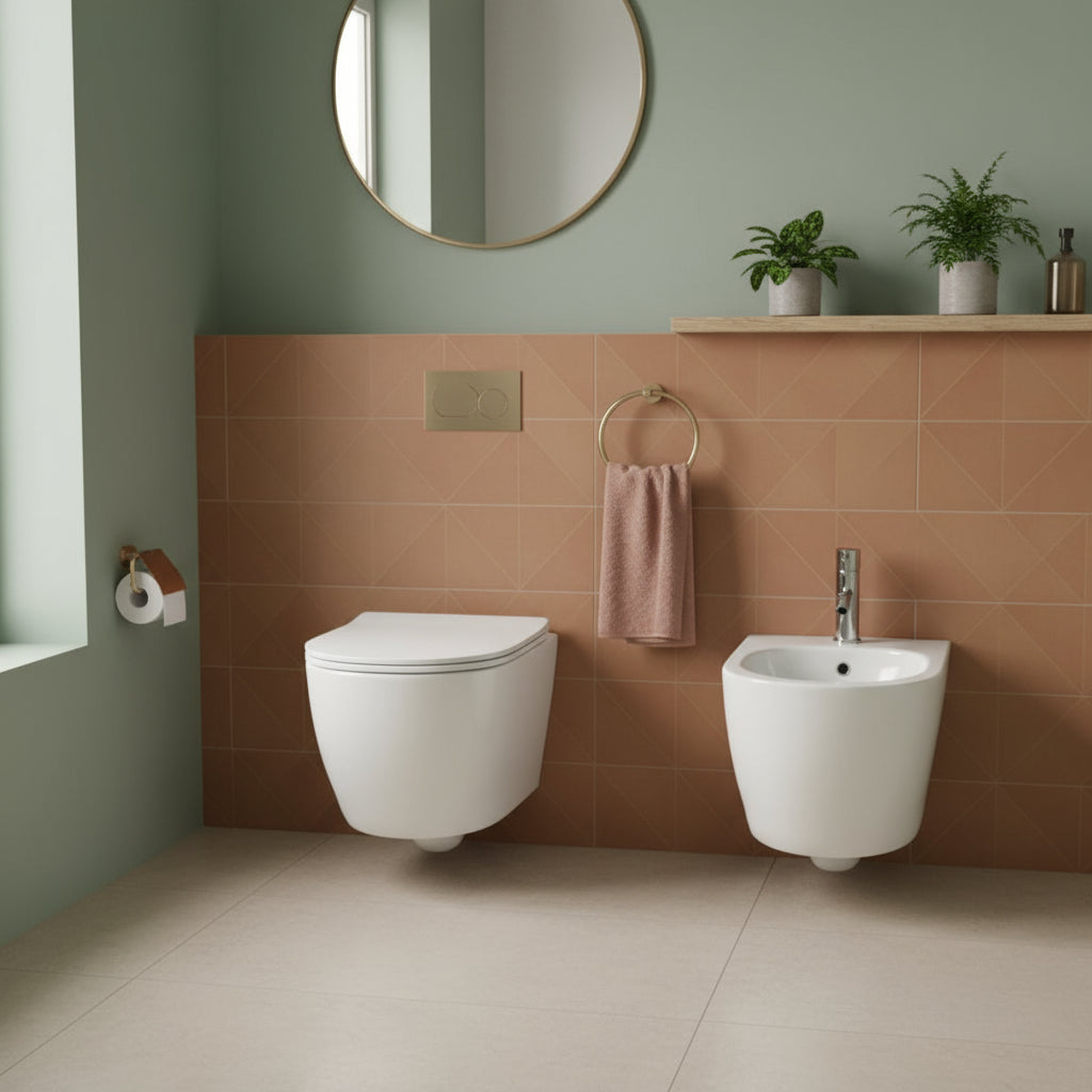 Sanitari sospesi senza brida con Copriwater Soft Close BathCore serie Aria 52x37 - Bianco Lucido