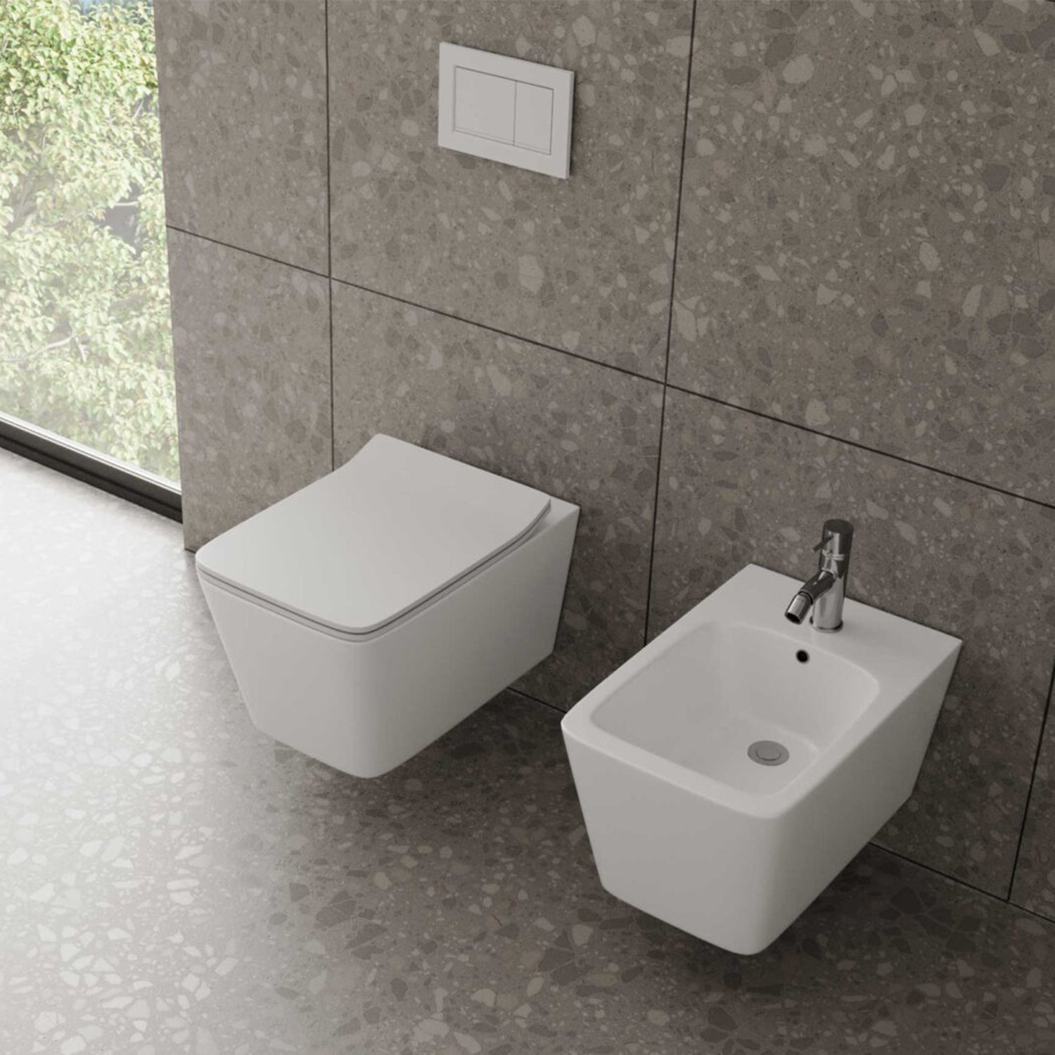 Sanitari filomuro senza brida con copriwater Soft Close BathCore serie Tela L 36 x P 52 x H 34 cm – Bianco lucido