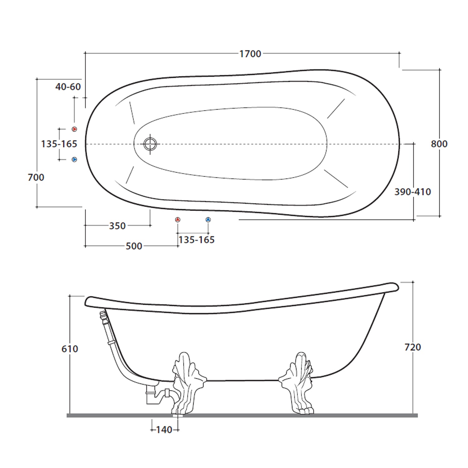 Vasca da bagno con piedi Globo serie Paestum 170x80 - Bianco/Cromo by CeramicStore | Lo specialista del tuo bagno