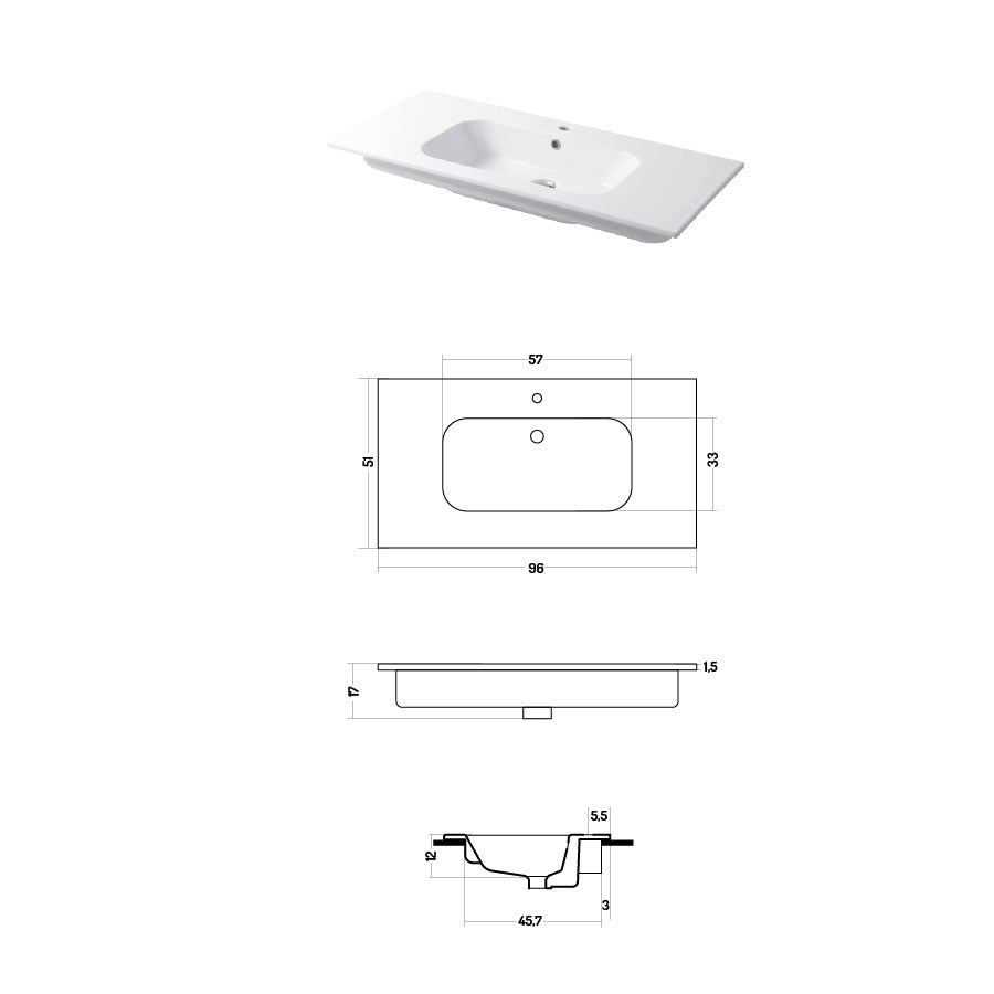 Lavabo a consolle in ceramica bianca lucida serie Qubo Square 51 Disegno-Ceramica 96cm by CeramicStore | Lo specialista del tuo bagno