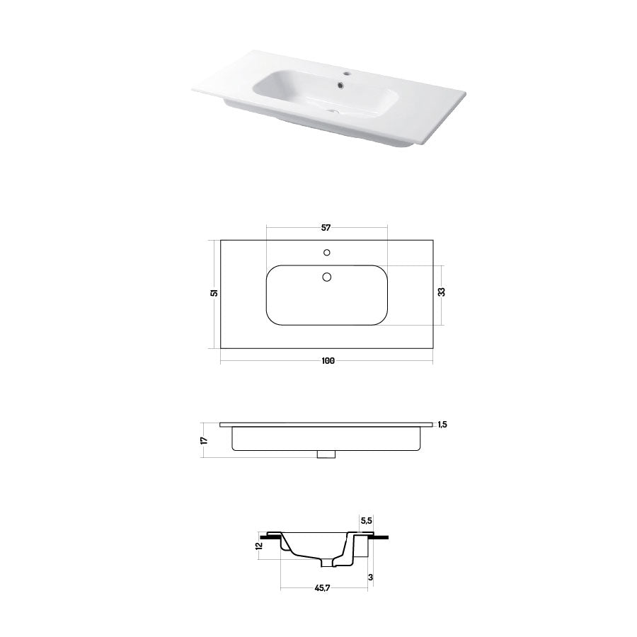 Lavabo a consolle in ceramica bianca lucida serie Qubo Square 51 Disegno-Ceramica 101cm by CeramicStore | Lo specialista del tuo bagno