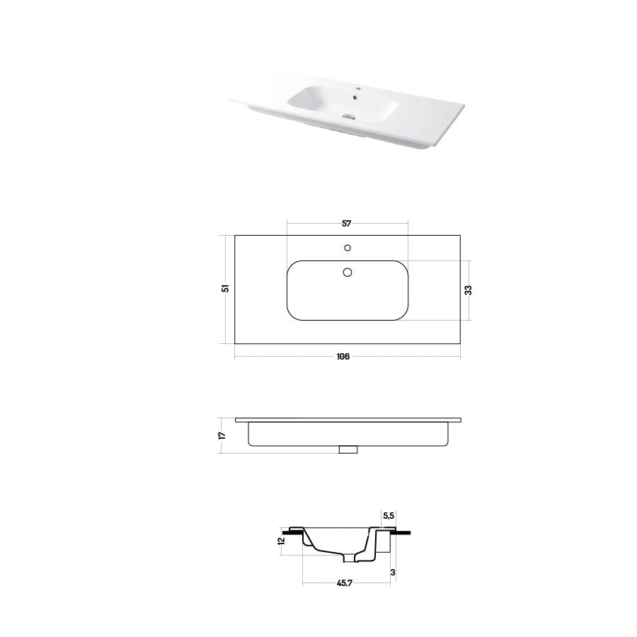 Lavabo a consolle in ceramica bianca lucida serie Qubo Square 51 Disegno-Ceramica 106cm by CeramicStore | Lo specialista del tuo bagno
