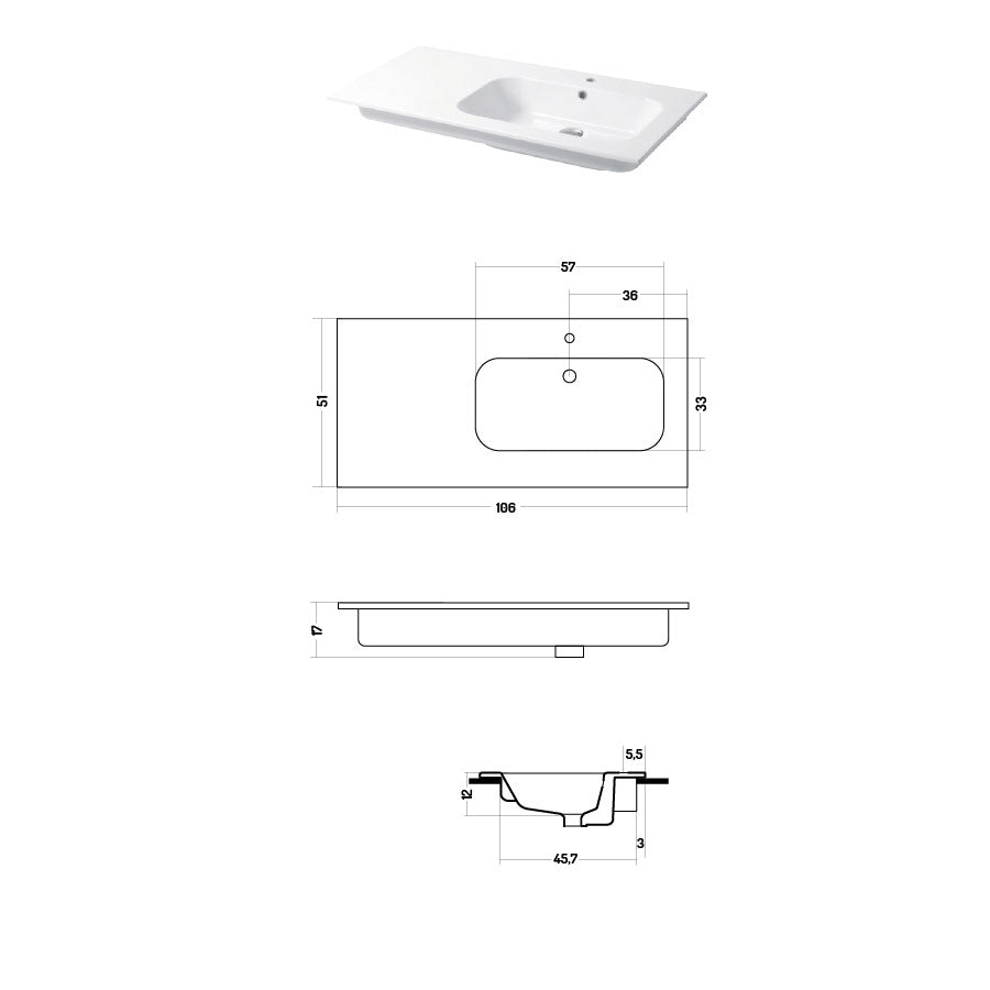 Lavabo a consolle in ceramica bianca lucida serie Qubo Square 51 Disegno-Ceramica 106cm - con piano appoggio sulla sinistra by CeramicStore | Lo specialista del tuo bagno