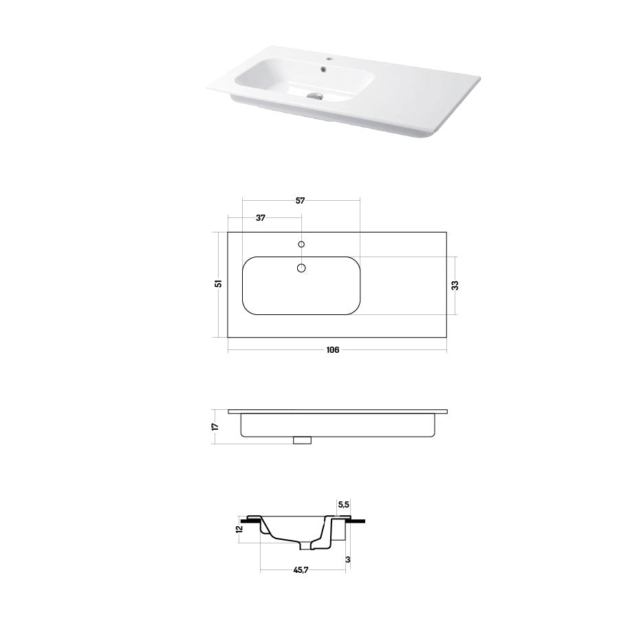 Lavabo a consolle in ceramica bianca lucida serie Qubo Square 51 Disegno-Ceramica 106cm - con piano appoggio sulla destra by CeramicStore | Lo specialista del tuo bagno