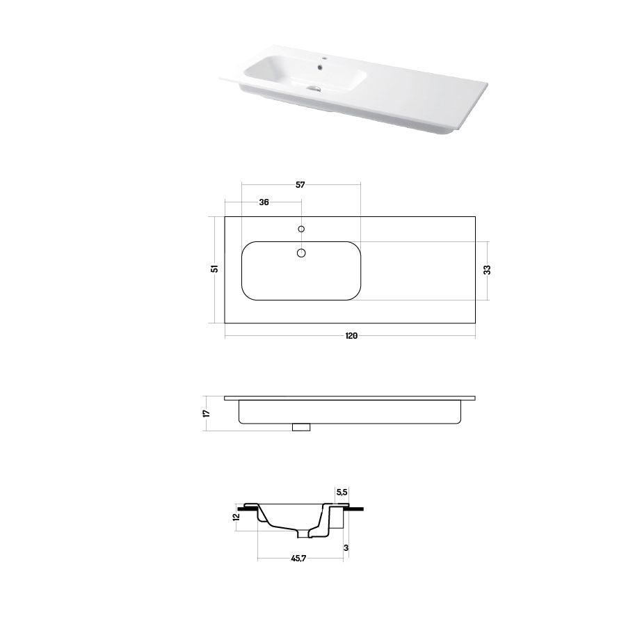 Lavabo a consolle in ceramica bianca lucida serie Qubo Square 51 Disegno-Ceramica 121cm - con piano appoggio sulla destra by CeramicStore | Lo specialista del tuo bagno