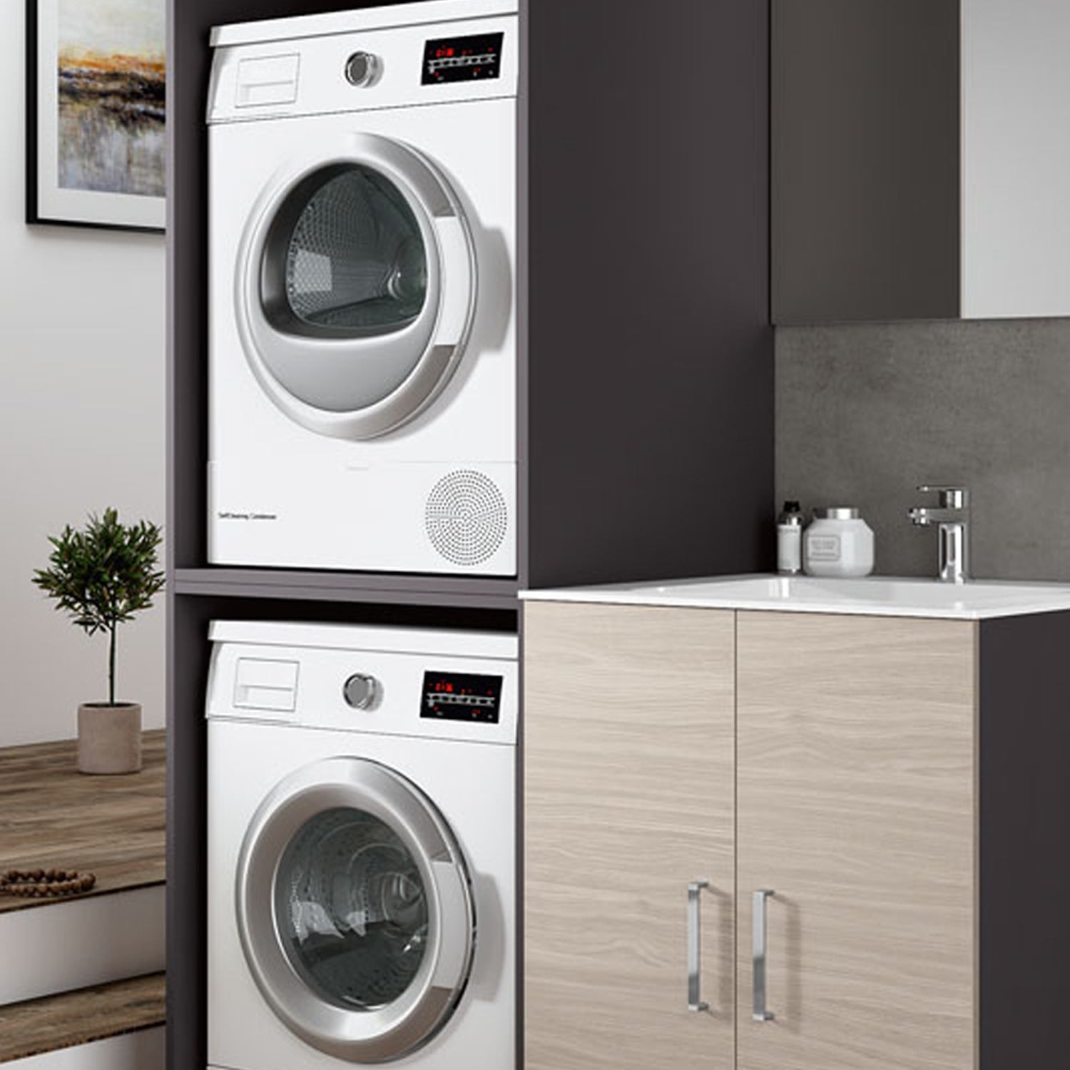 Composizione Mobili Lavanderia Area51-04 con lavatoio, moduli lavatrice ed asciugatrice e specchio - Olmo Rosseau by CeramicStore | Lo specialista del tuo bagno