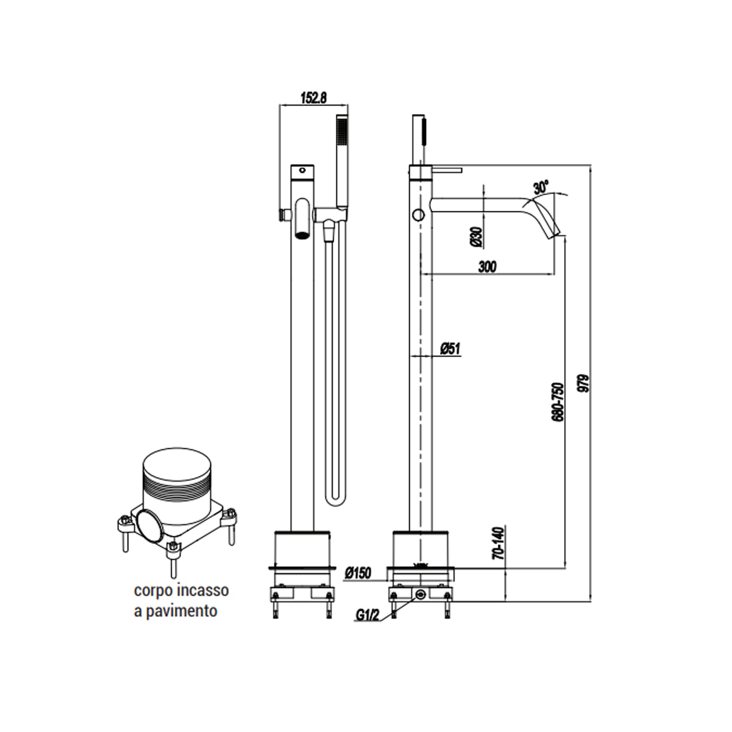 Miscelatore monocomando per vasca centro stanza con kit doccino RubiFlux serie Aria - Acciaio Satinato by CeramicStore | Lo specialista del tuo bagno