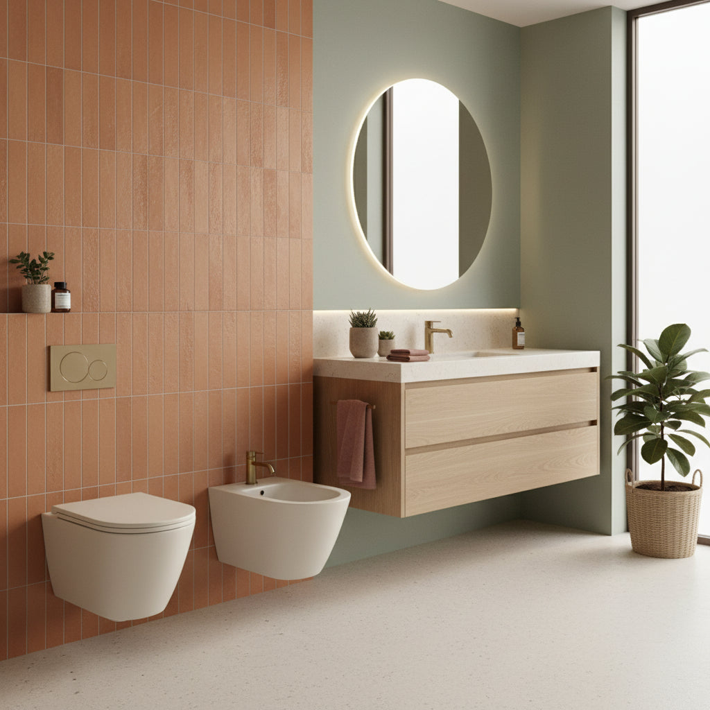 Sanitari sospesi cm 52x36 mod. Sensation wc rimless+bidet+sedile soft close Beige Opaco