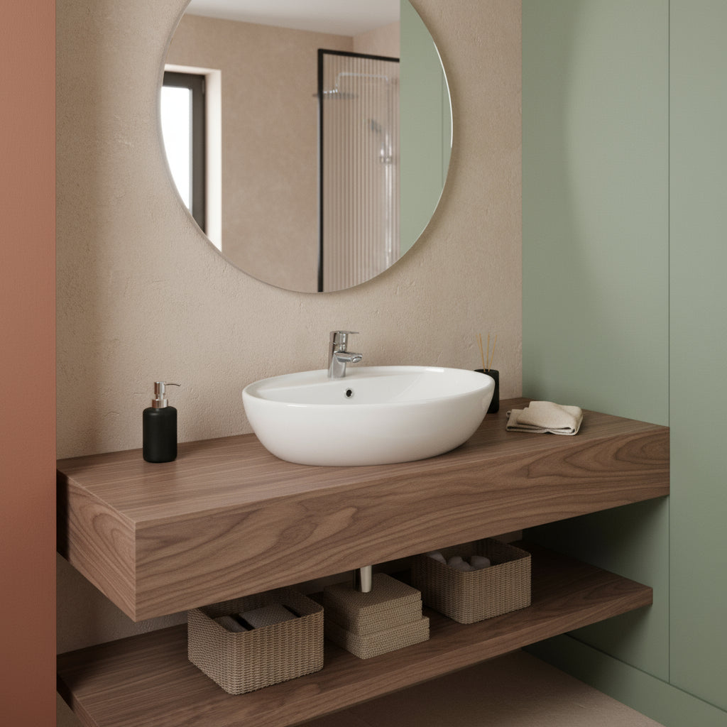 Lavabo d'appoggio monoforo BathCore Claim in ceramica bianca con troppo pieno cm 57x44