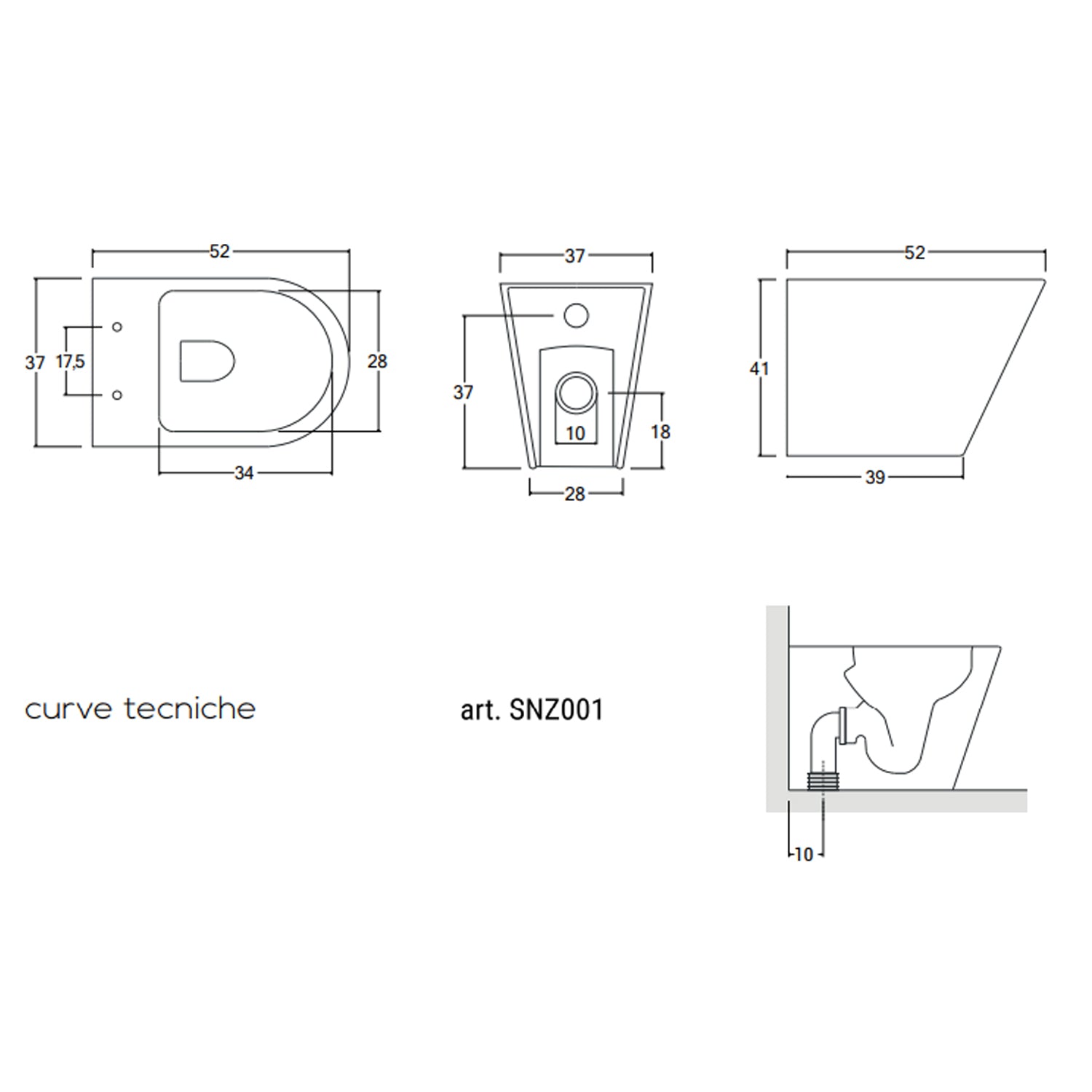 Sanitari filomuro senza brida con copriwater soft close BathCore serie Cuore L 37 x P 52 x H 41 cm – Bianco lucido
