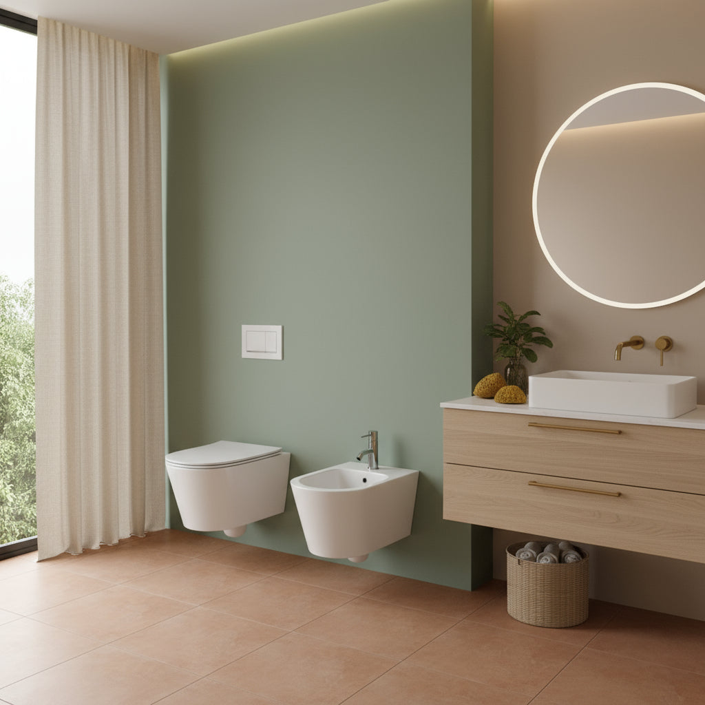 Sanitari sospesi senza brida con copriwater soft close BathCore serie Cuore L 36 x P 52 cm – Bianco lucido