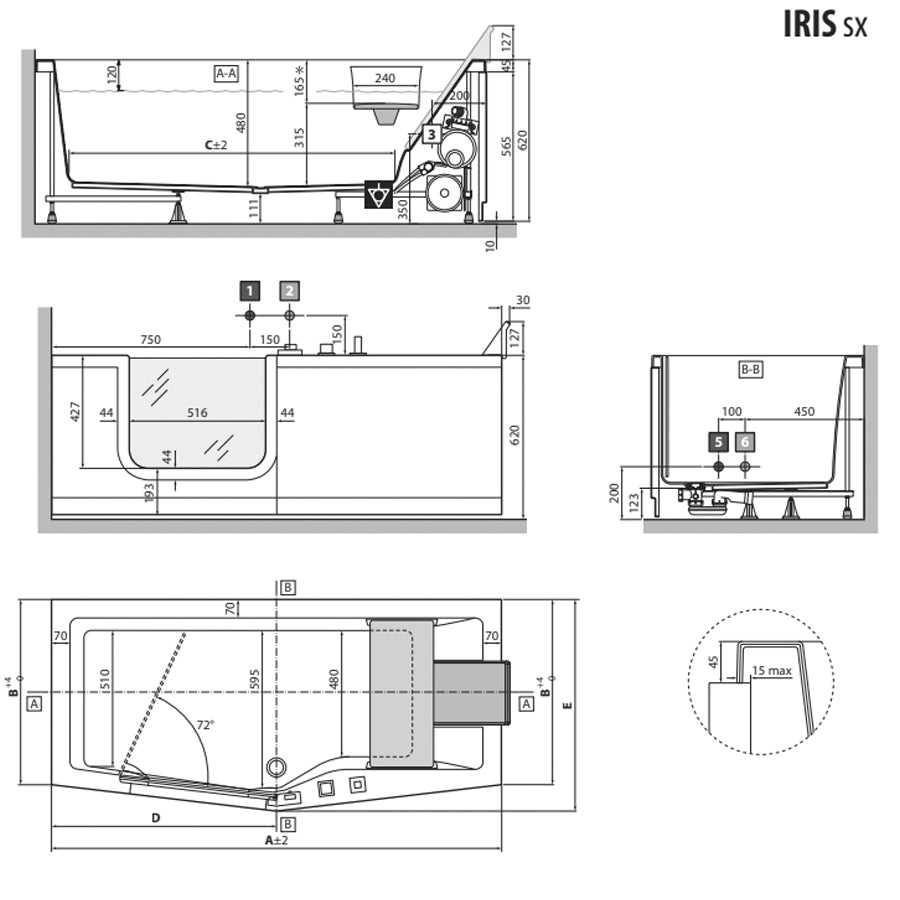 Vasca per anziani Iris 170x80 cm con porta a sinistra e installazione a sinistra by CeramicStore | Lo specialista del tuo bagno