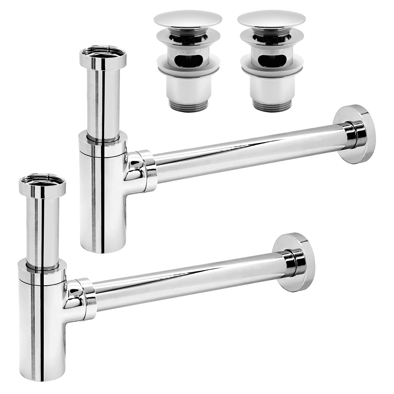 Set 2 Sifoni telescopici a bottiglia in ottone cromato 12-32 cm con 2 pilette in ottone by CeramicStore | Lo specialista del tuo bagno