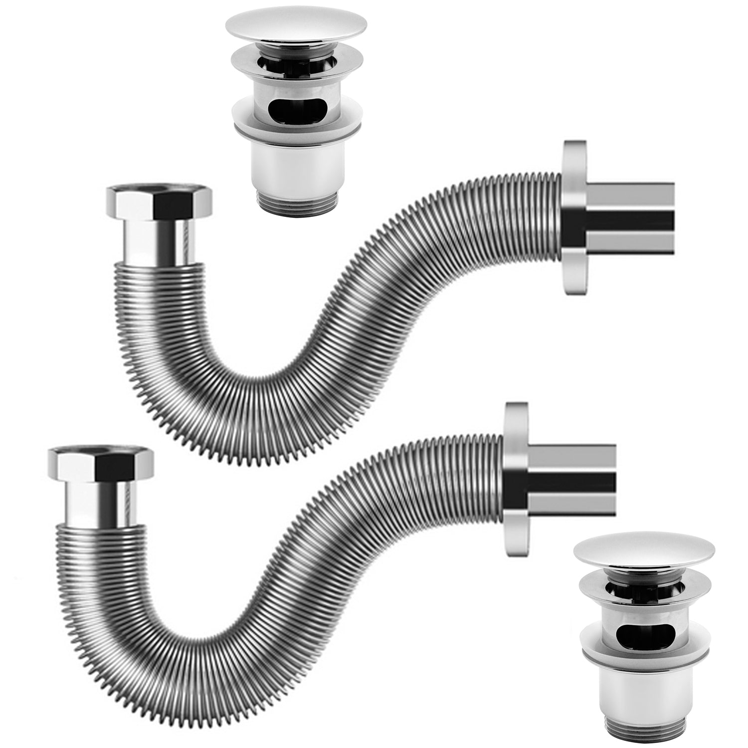 Set 2 Sifoni estensibili in acciaio inox 35-40 cm con 2 pilette click clack in ottone per lavabi con troppo pieno by CeramicStore | Lo specialista del tuo bagno