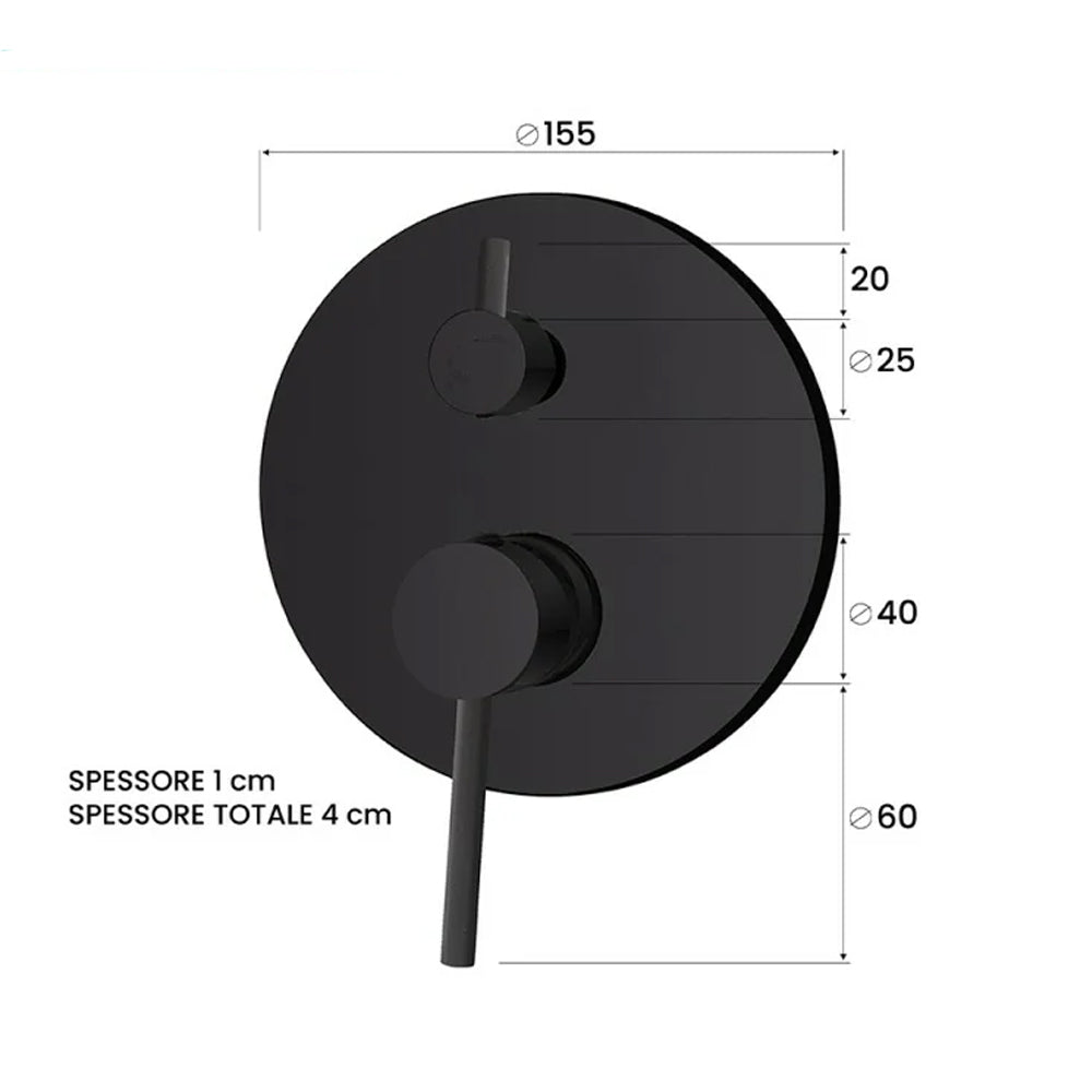 Miscelatore doccia ad incasso con deviatore a due vie in acciaio inox Rubiflux Serie Paris Modello Noir - Nero Opaco
