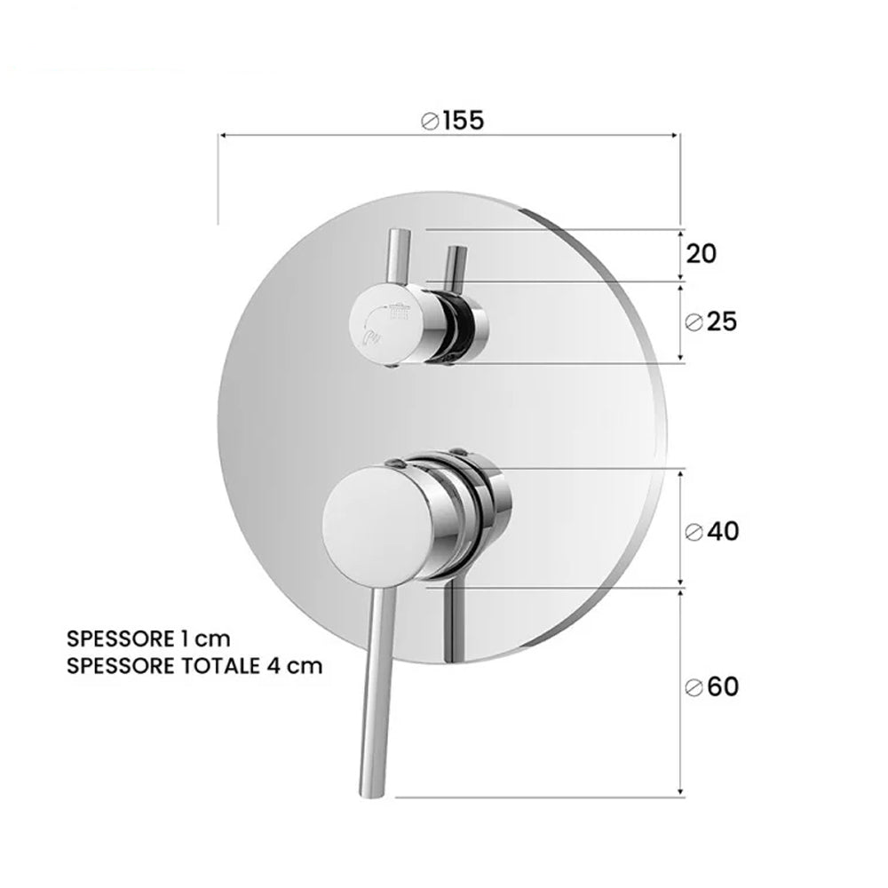 Miscelatore doccia ad incasso con deviatore a due vie in acciaio inox Rubiflux Serie Paris Modello Brillant - Cromato