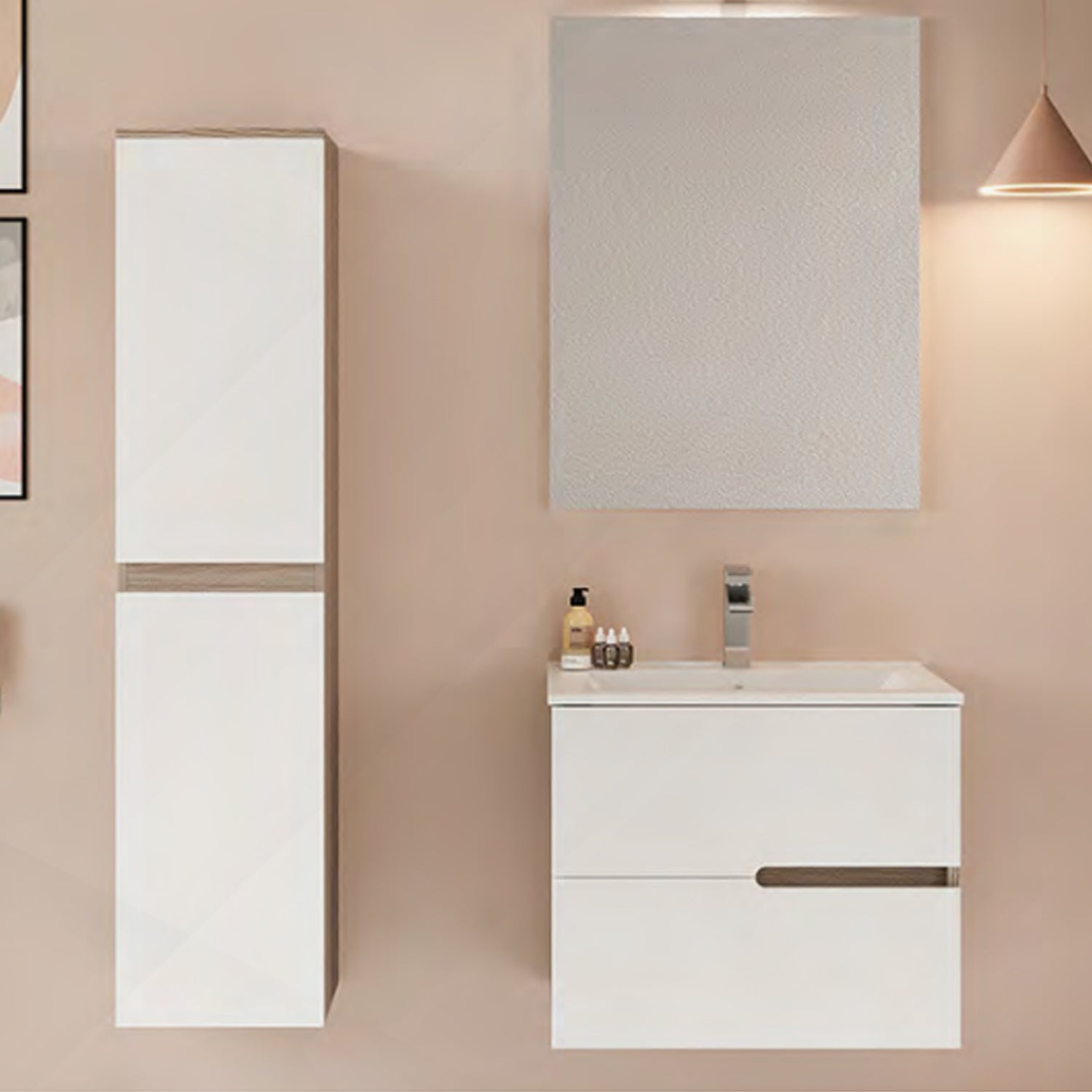 Colonna bagno sospesa serie Irene - Rovere fumo e Bianco Lucido by CeramicStore | Lo specialista del tuo bagno