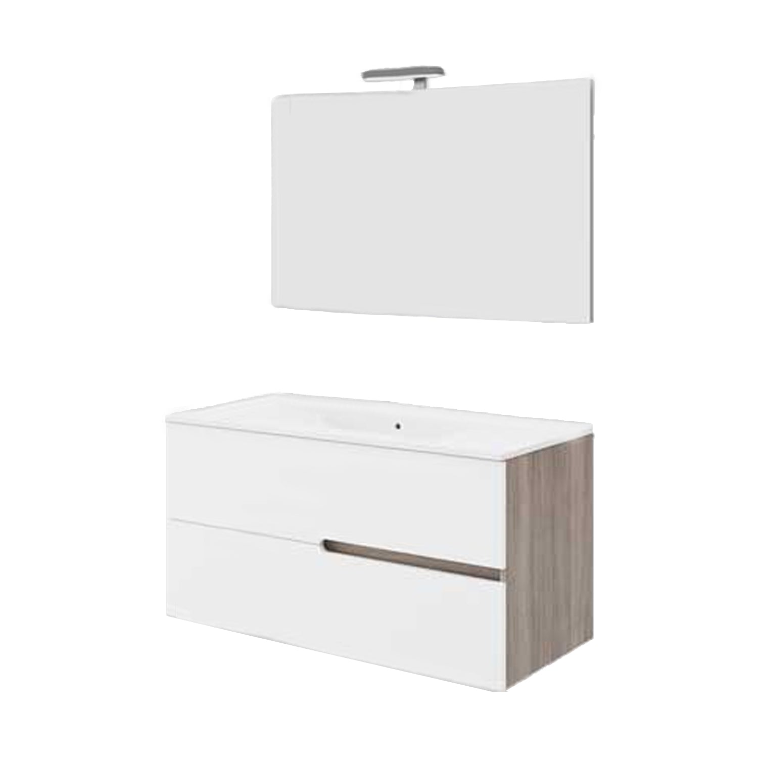 Mobile bagno sospeso con base, lavabo e specchiera modello Irene 100 - Rovere fumo e Bianco Lucido by CeramicStore | Lo specialista del tuo bagno