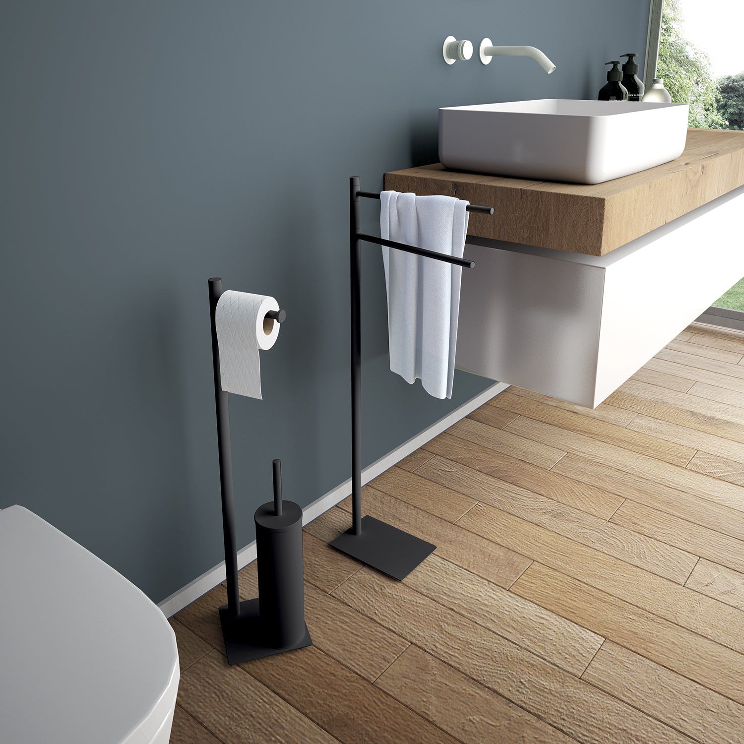 Piantana in Acciaio Inox con portarotolo e scopino Gedy serie Trilly - Nero Matt