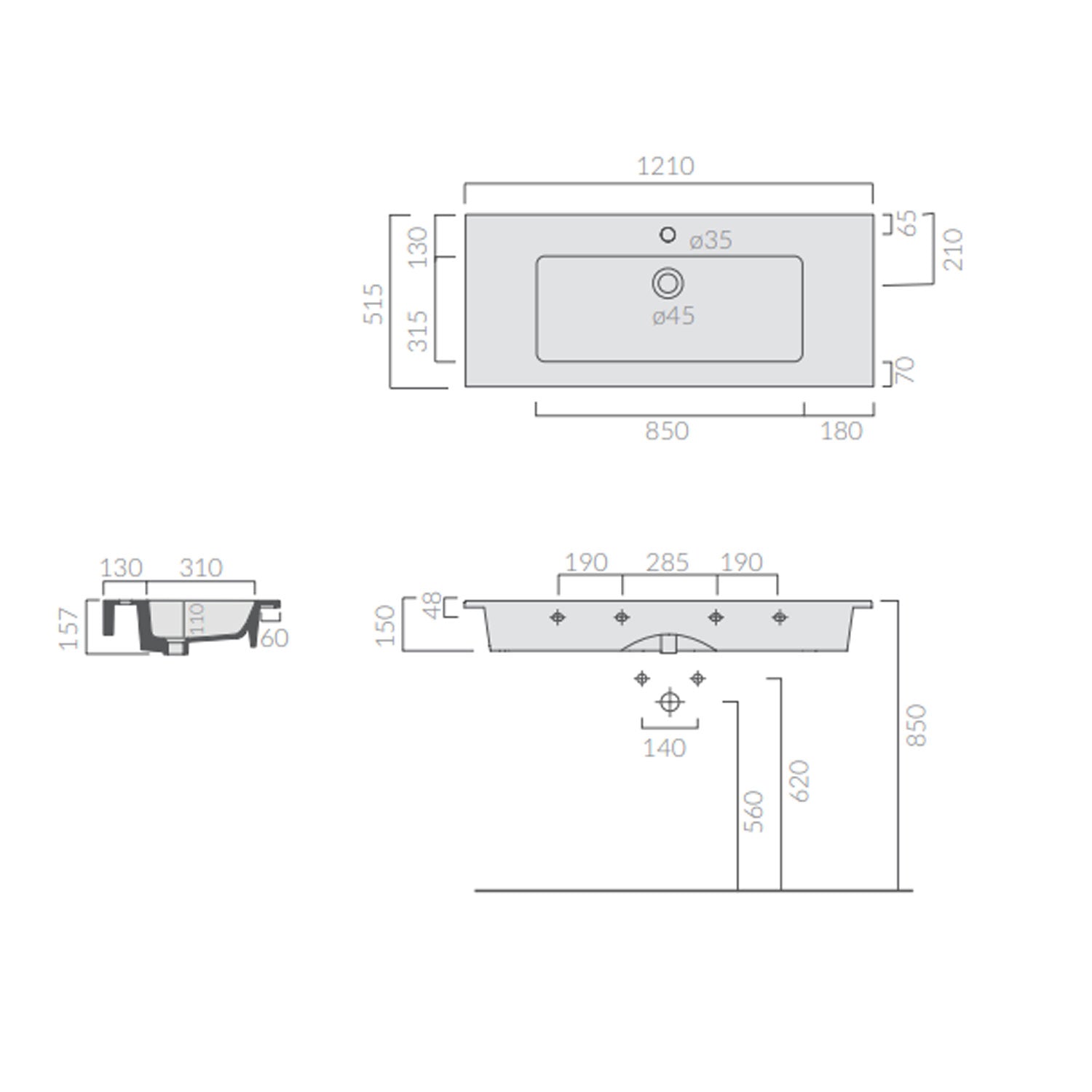 Lavabo vasca unica ad incasso/sospeso serie Plus Design di Ceramica Galassia - Bianco lucido 121x51cm by CeramicStore | Lo specialista del tuo bagno