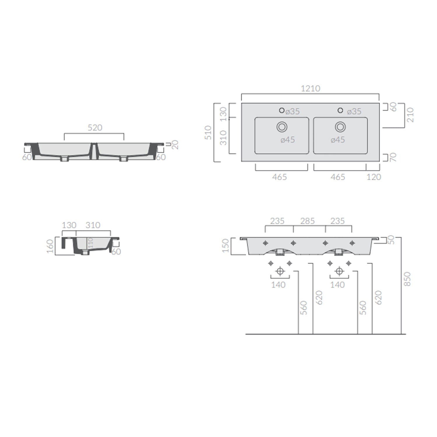 Lavabo vasca doppia ad incasso/sospeso serie Plus Design di Ceramica Galassia - Bianco lucido 121x51cm by CeramicStore | Lo specialista del tuo bagno
