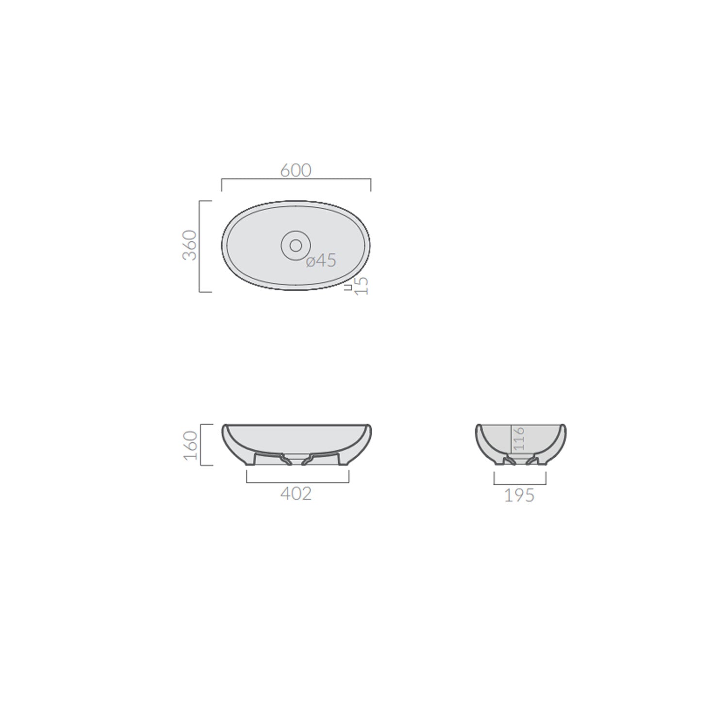 Lavabo da appoggio in ceramica serie Ergo di Ceramica Galassia - Bianco lucido 60x36xh16cm