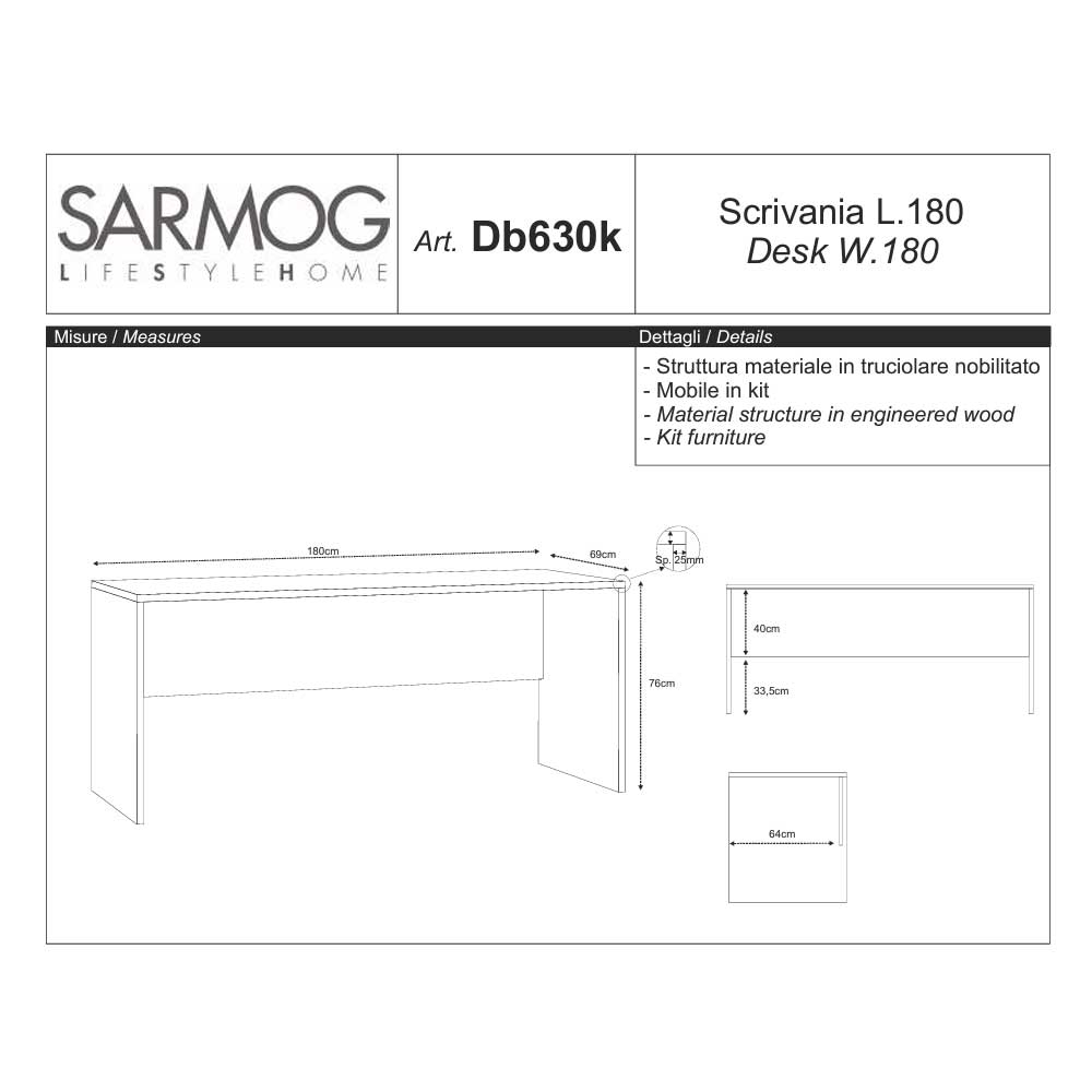 Scrivania da ufficio con piano superficiale antigraffio ad alta densità da 180 cm finitura Noce Stelvio by Sarmog by CeramicStore | Lo specialista del tuo bagno