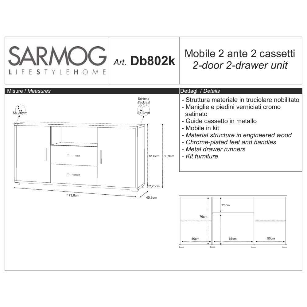 Mobile Credenza da Soggiorno con 2 ante e 2 cassetti finitura Struttura Cemento / Finitura Frontale Ossido Bianco by Sarmog by CeramicStore | Lo specialista del tuo bagno