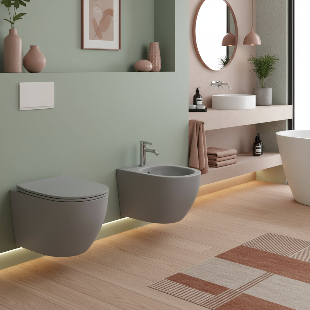 Sanitari sospesi senza brida con Copriwater Soft Close BathCore serie Aria 52x37 - Grigio Opaco