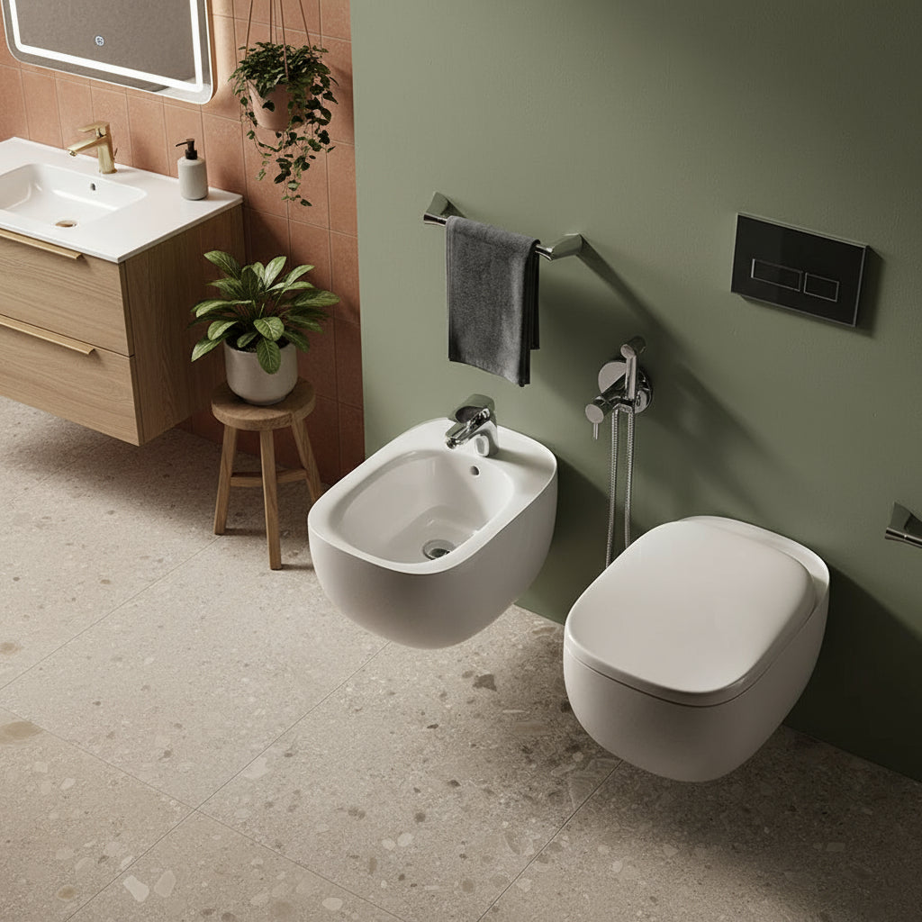 Coppia di sanitari sospesi collezione Illusion di Rak Ceramics con sistema Rimless
