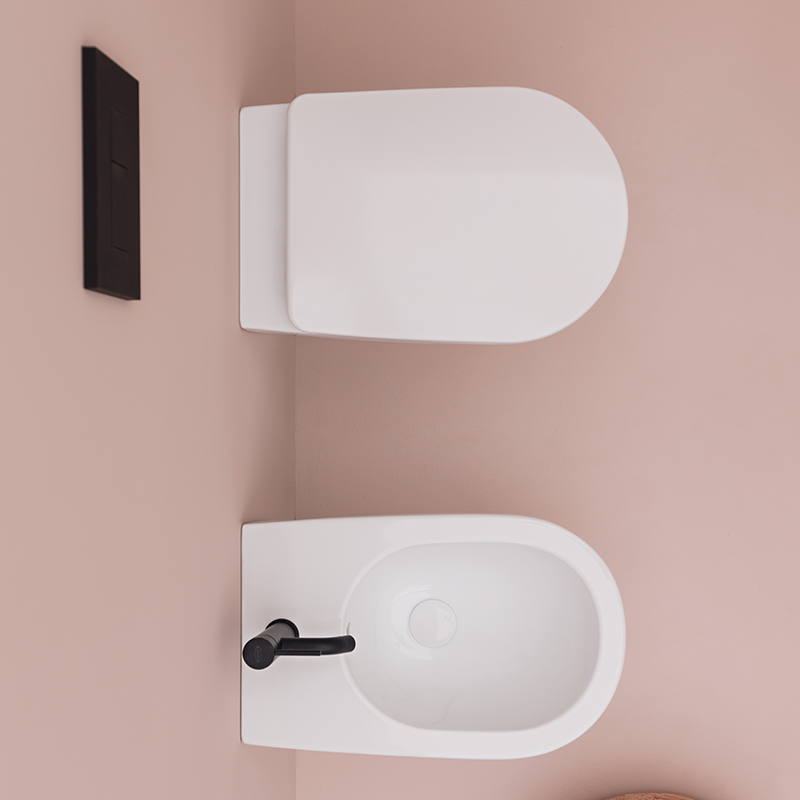 Sanitari Filomuro con scarico traslato collezione EVA wc senza brida + bidet + sedile soft close