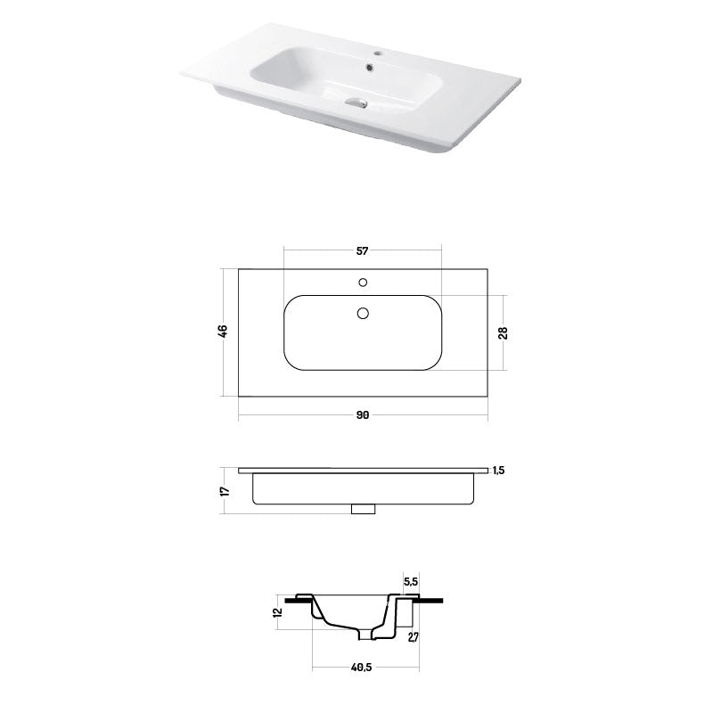 Lavabo a consolle in ceramica bianca lucida serie Qubo Square 46 Disegno-Ceramica 91cm by CeramicStore | Lo specialista del tuo bagno