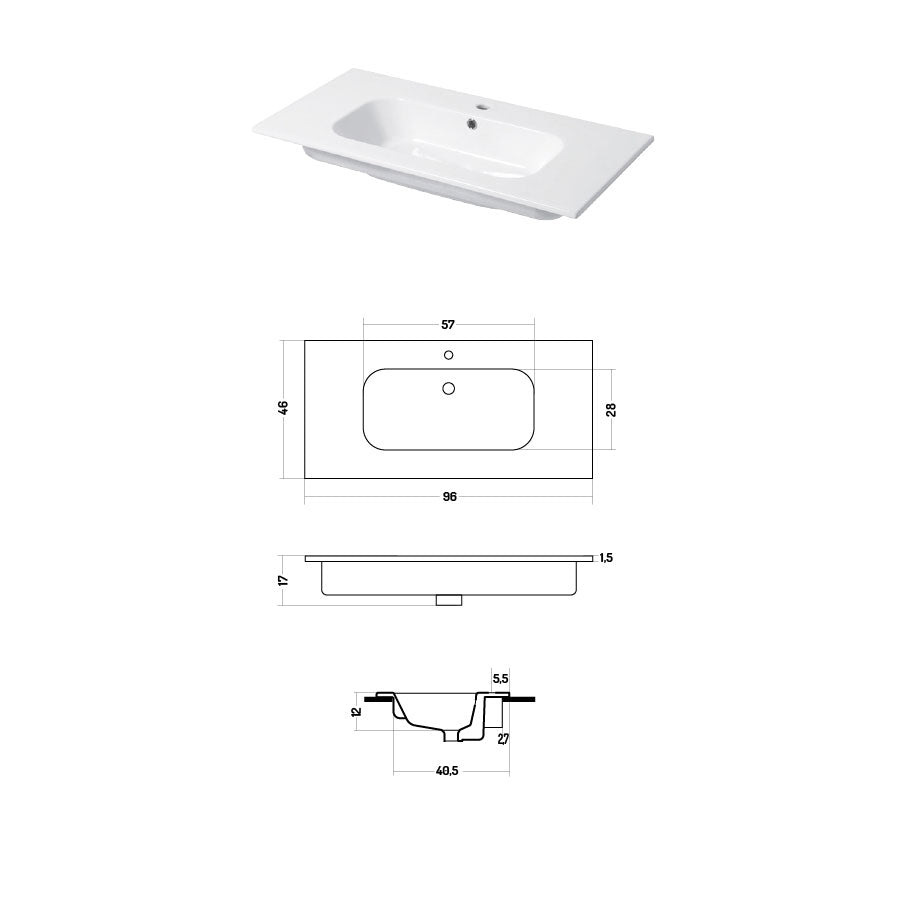 Lavabo a consolle in ceramica bianca lucida serie Qubo Square 46 Disegno-Ceramica 96cm by CeramicStore | Lo specialista del tuo bagno
