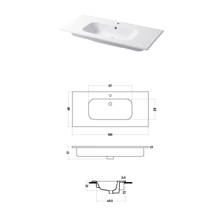 Lavabo a consolle in ceramica bianca lucida serie Qubo Square 46 Disegno-Ceramica 101cm by CeramicStore | Lo specialista del tuo bagno